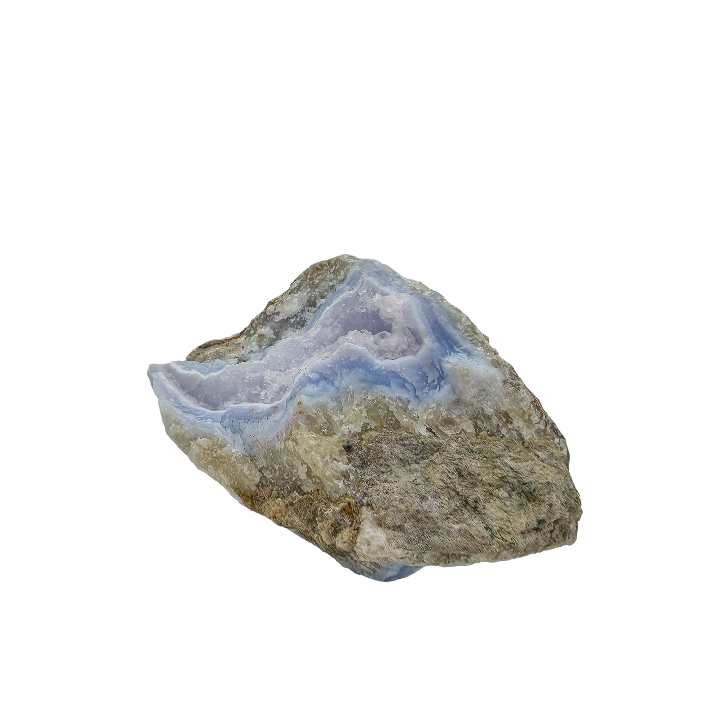 Blue lace agate raw geode from Malawi, uncut host rock around the blue pocket