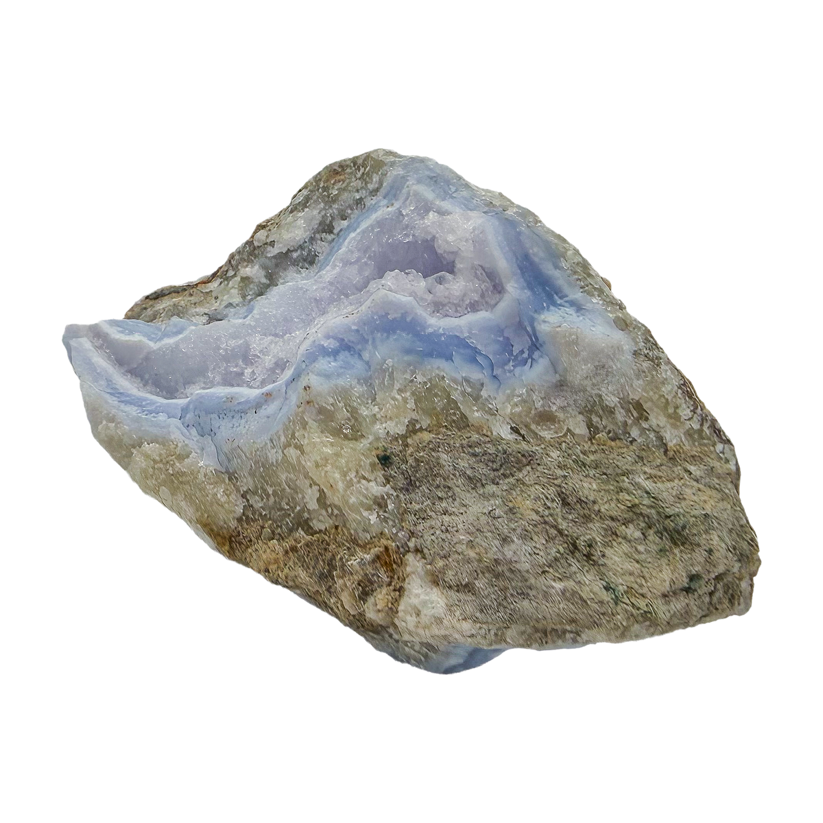 Blue lace agate raw geode from Malawi, uncut host rock around the blue pocket
