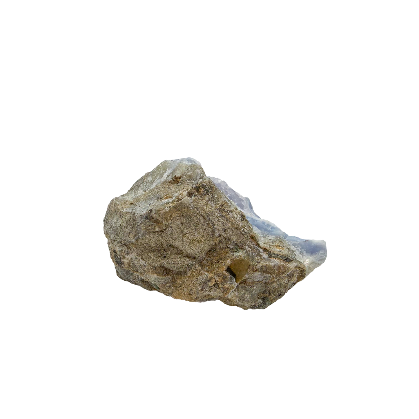 Blue lace agate raw geode, rear view of rough tan and grey host rock