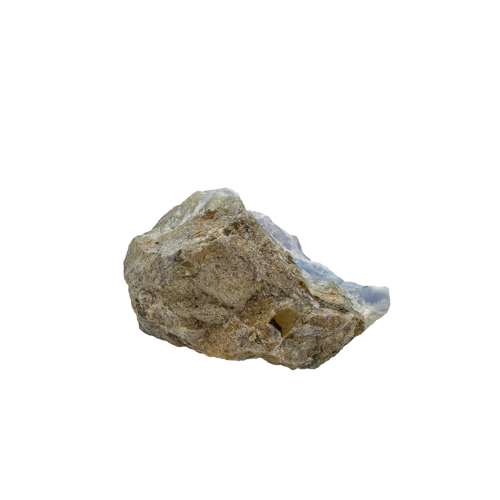 Blue lace agate raw geode, rear view of rough tan and grey host rock