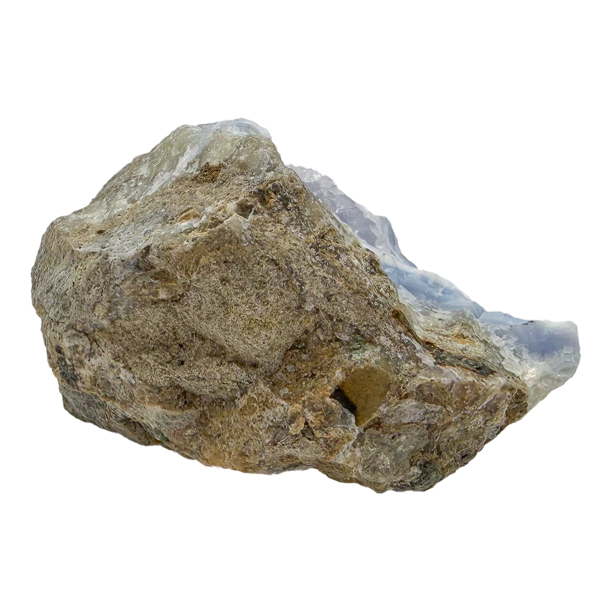 Blue lace agate raw geode, rear view of rough tan and gray host rock
