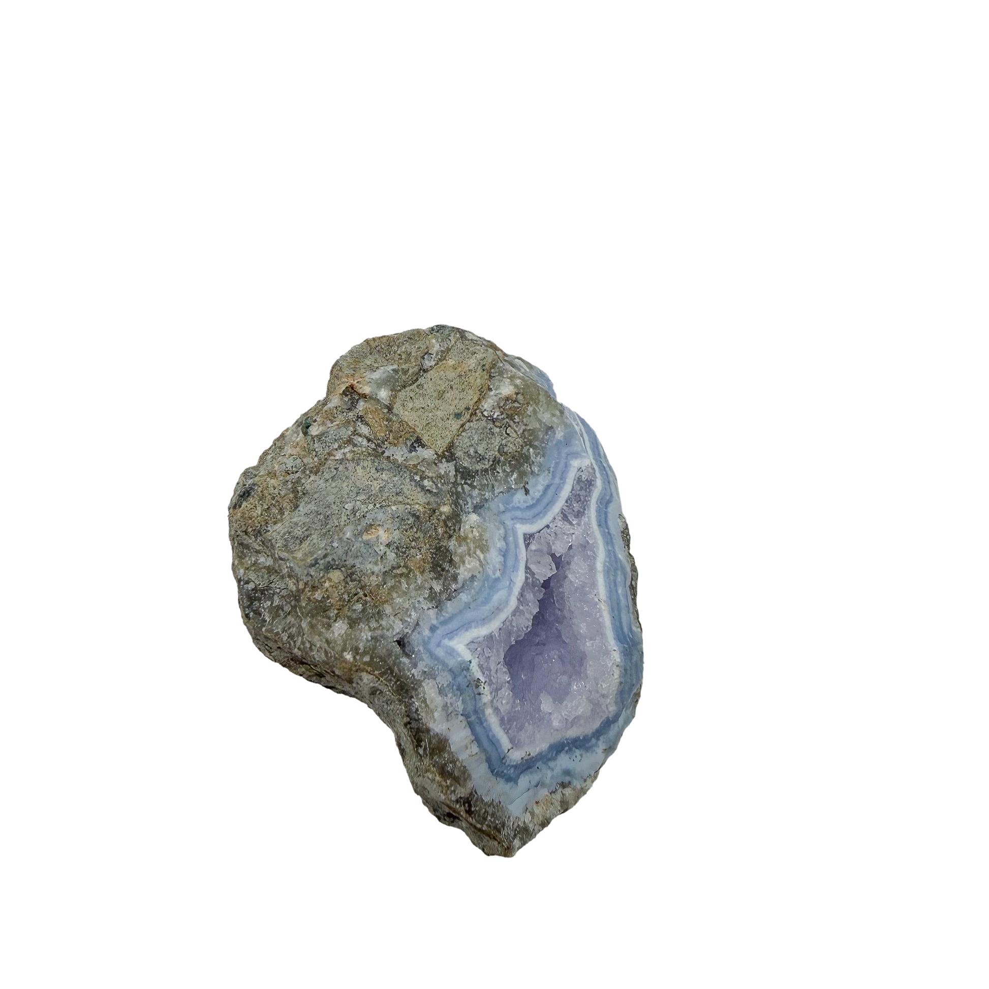 Blue lace agate raw geode, upright view showing the fullest blue in the cavity