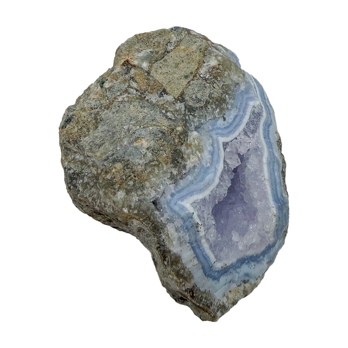 Blue lace agate raw geode, upright view showing the fullest blue in the cavity