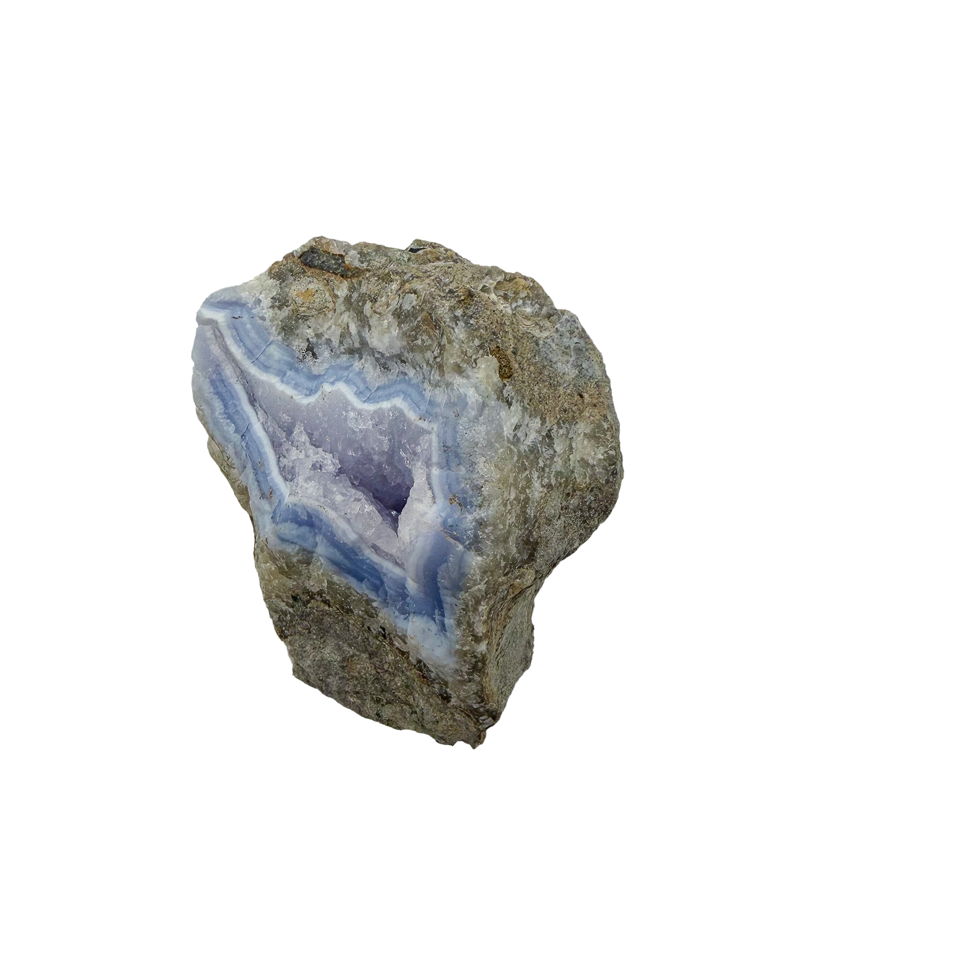 Blue lace agate raw geode, angled view of the banded blue chalcedony