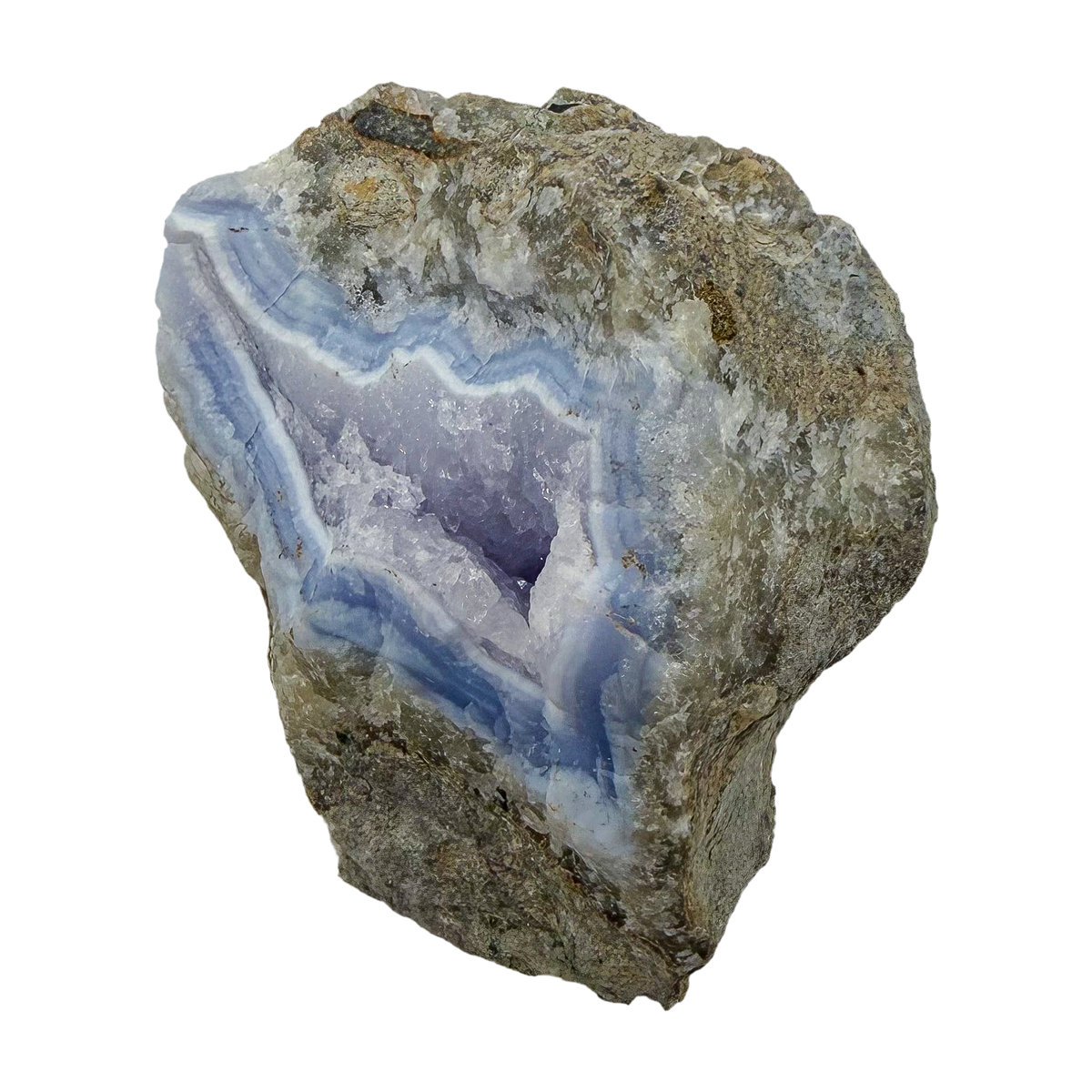 Blue lace agate raw geode, angled view of the banded blue chalcedony