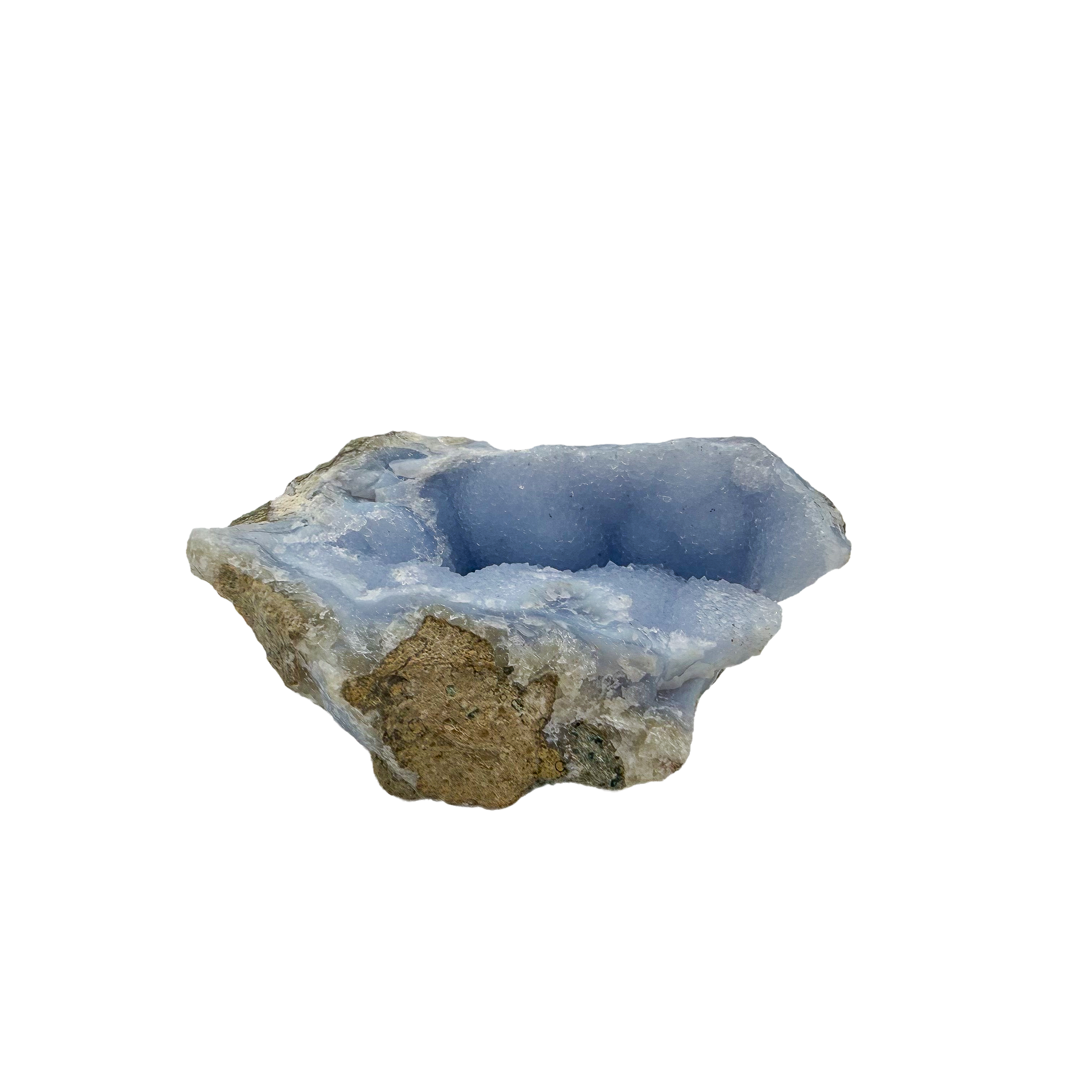 Blue lace agate raw geode from Malawi, AA grade, nearly square 3.84 inch piece with a blue vug at centre