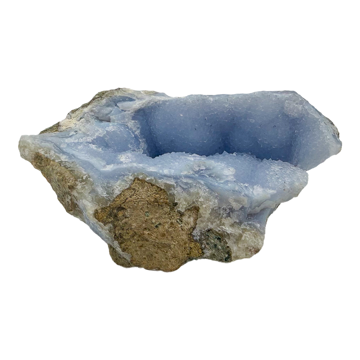 Blue lace agate raw geode from Malawi, AA grade, nearly square 3.84 inch piece with a blue vug at center