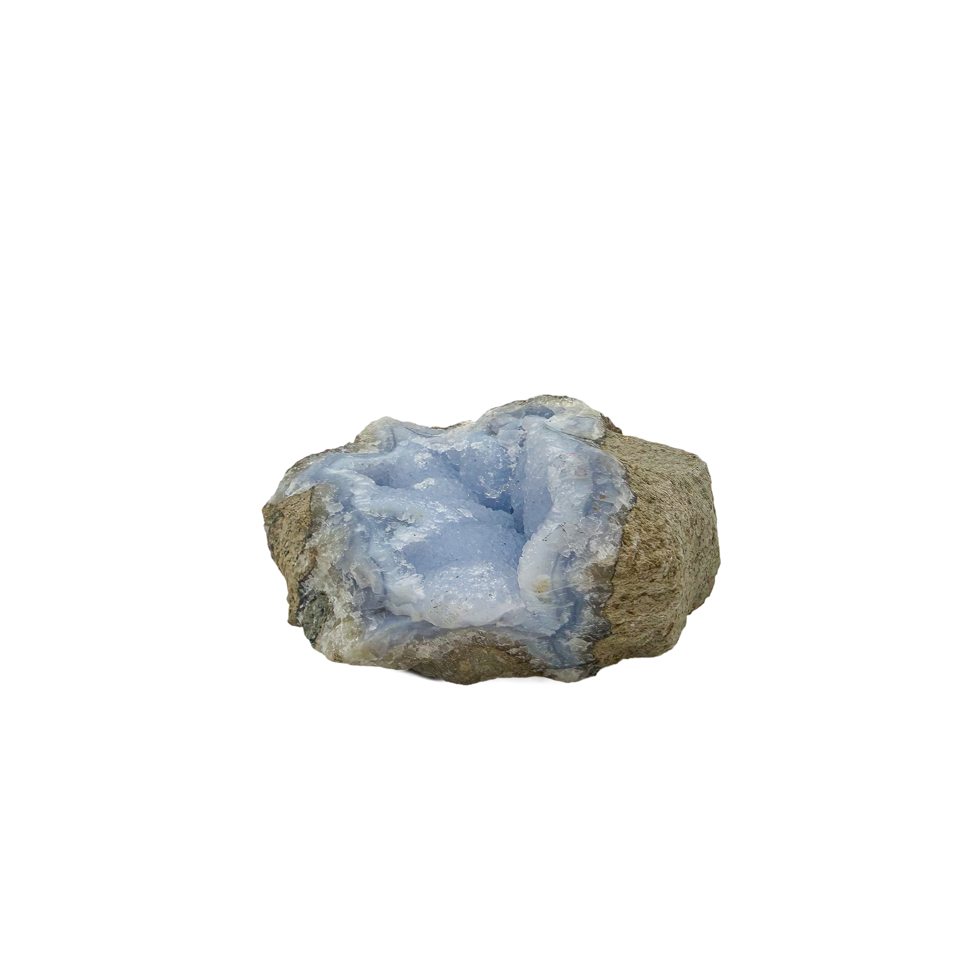 Blue lace agate raw geode from Malawi, uncut host rock framing the central vug