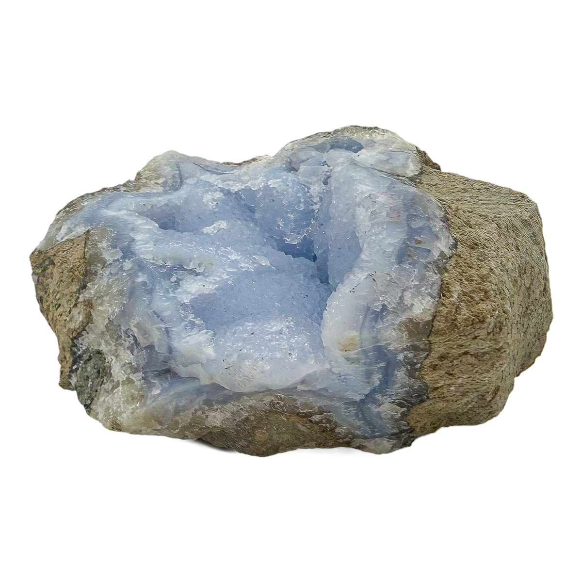 Blue lace agate raw geode from Malawi, uncut host rock framing the central vug