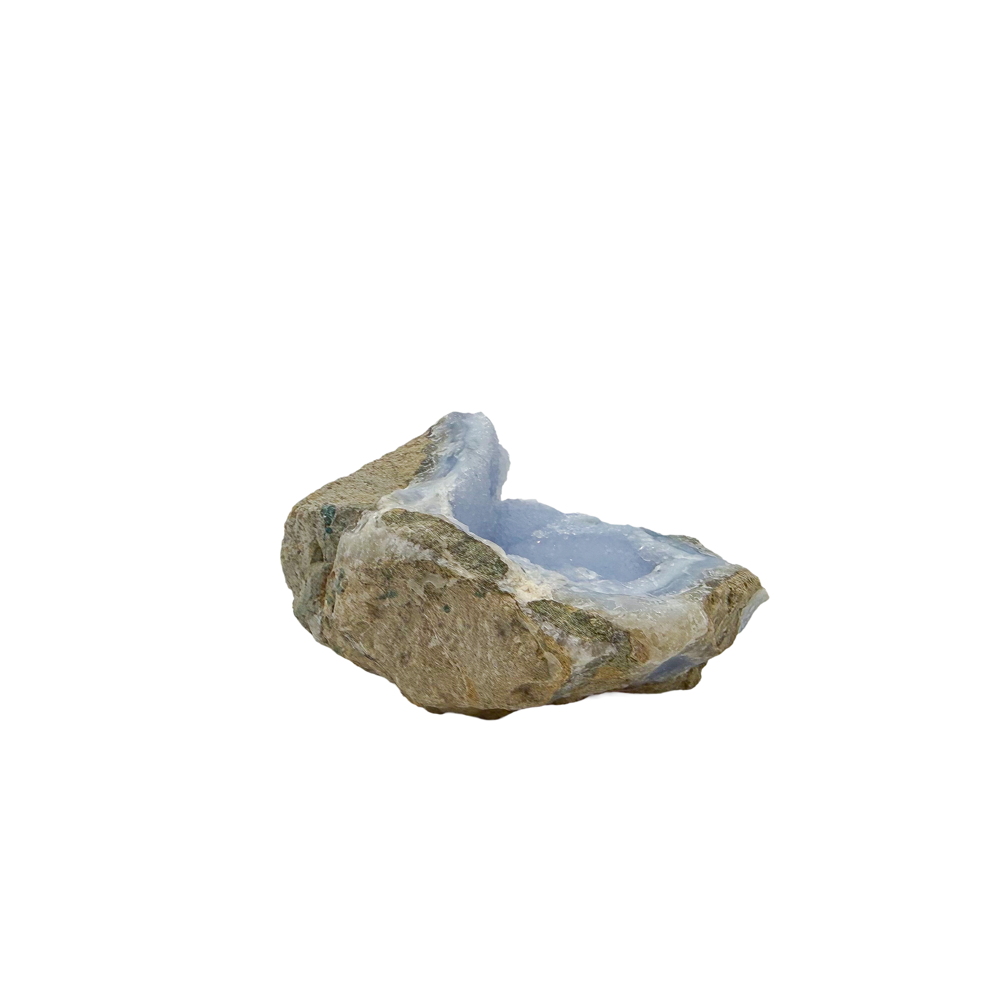 Blue lace agate raw geode, detail of pale blue lacy banding