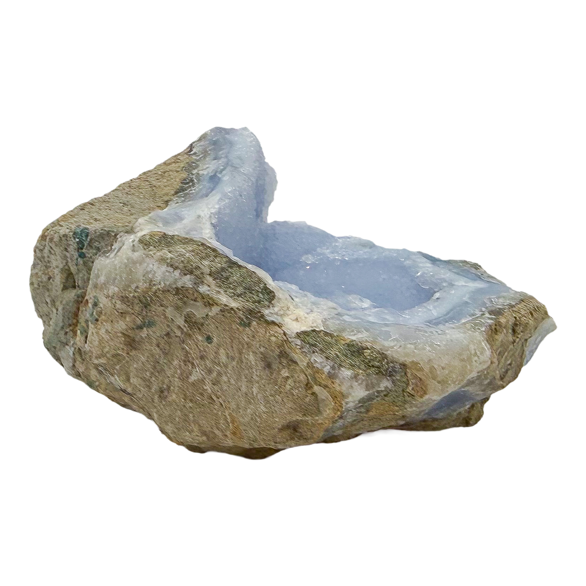 Blue lace agate raw geode, detail of pale blue lacy banding
