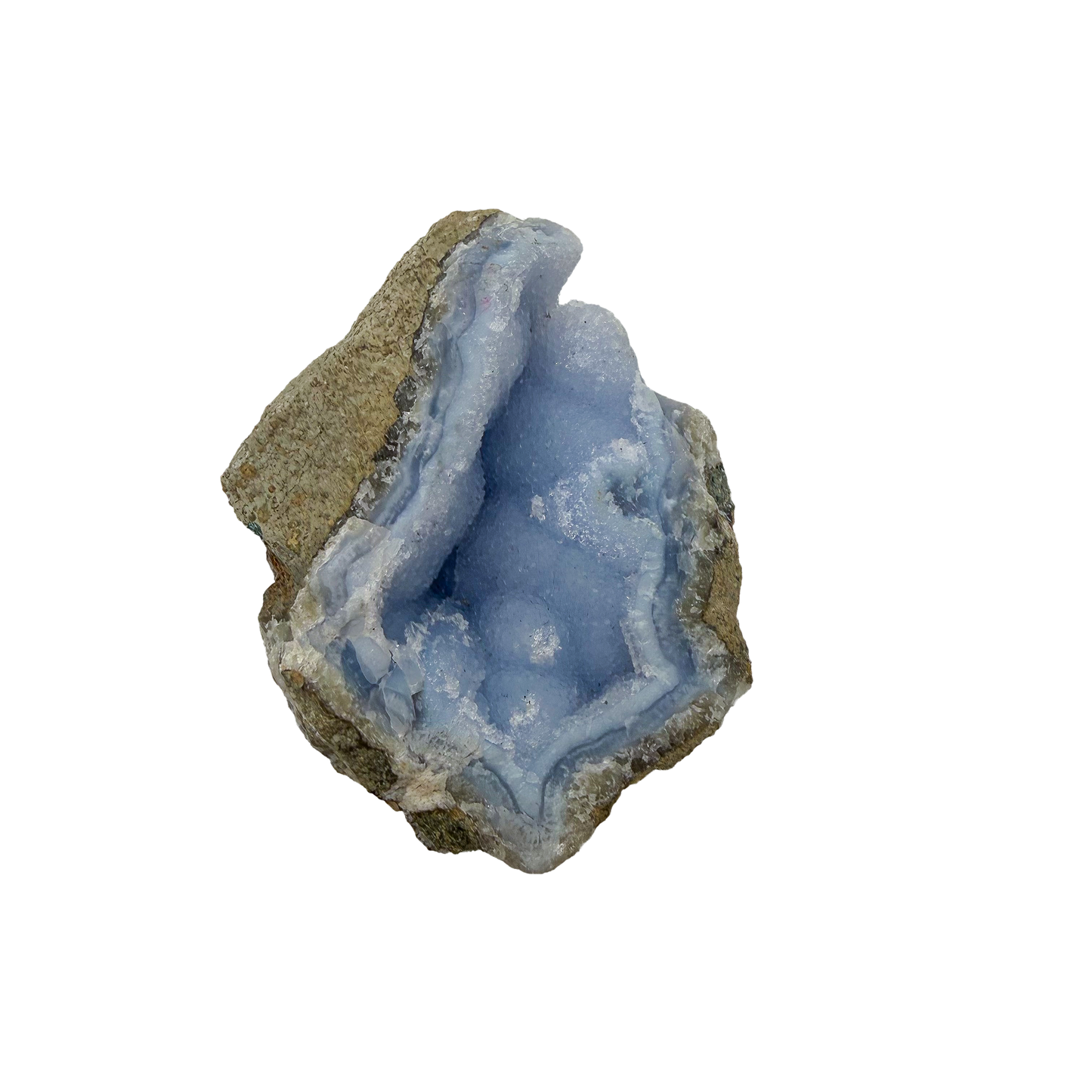 Blue lace agate raw geode, upright view with the fullest blue coverage