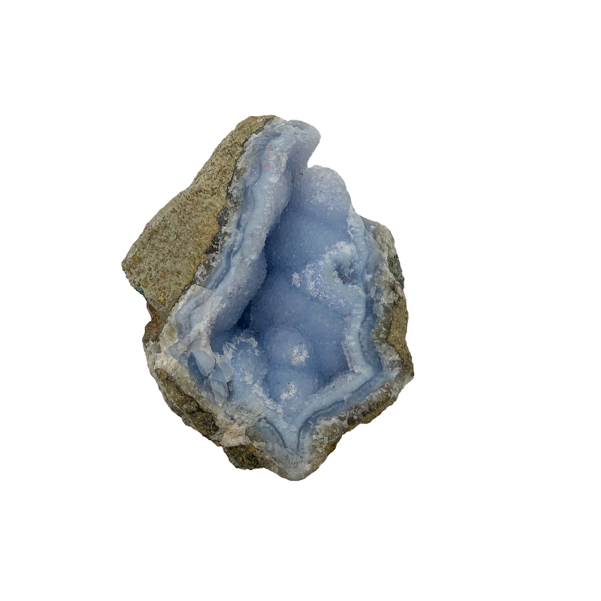 Blue lace agate raw geode, upright view with the fullest blue coverage