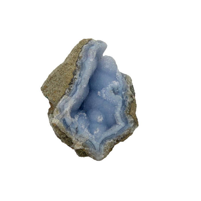Blue lace agate raw geode, upright view with the fullest blue coverage