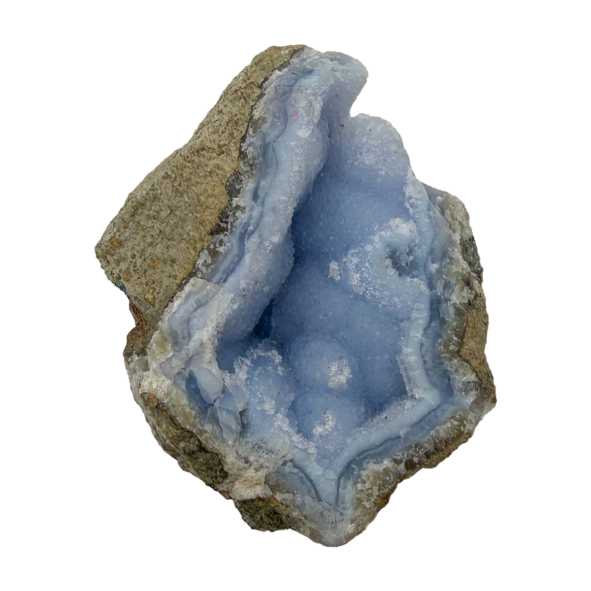 Blue lace agate raw geode, upright view with the fullest blue coverage