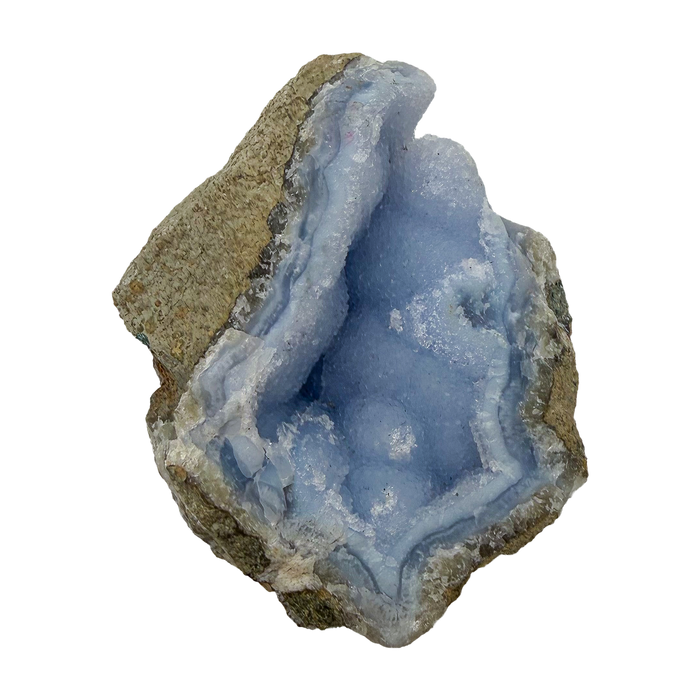 Blue lace agate raw geode, upright view with the fullest blue coverage