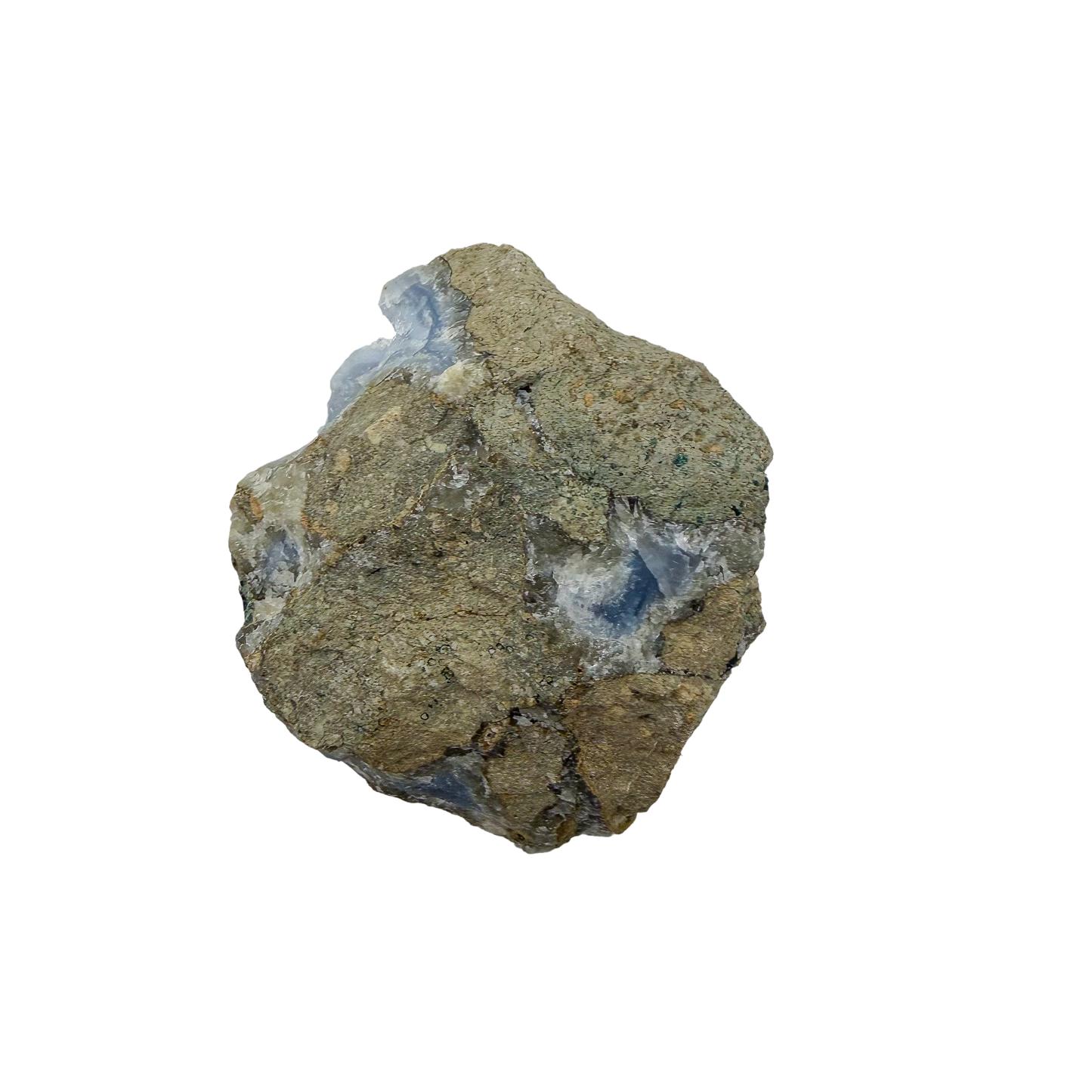 Blue lace agate raw geode, rear view of rough tan and grey host rock