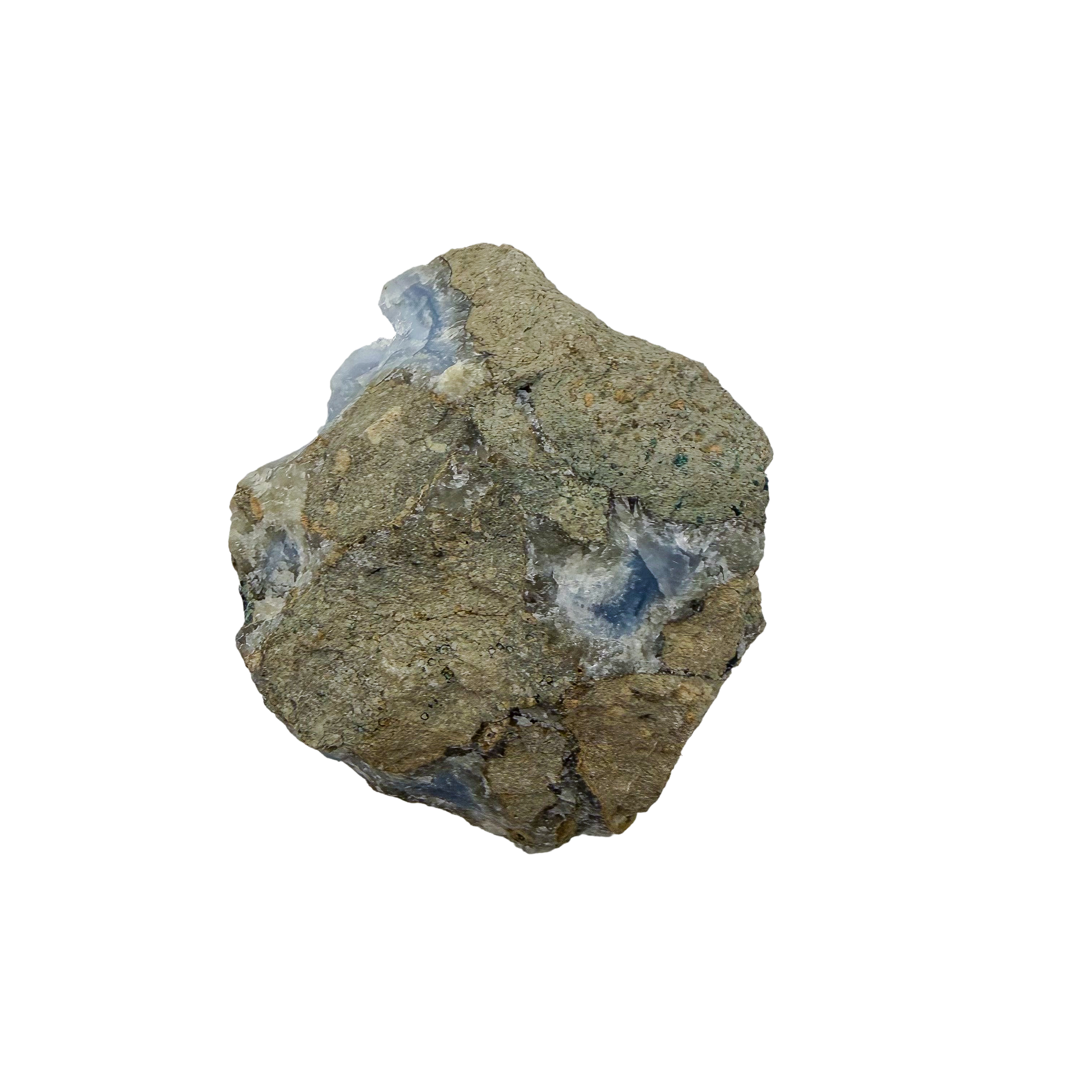 Blue lace agate raw geode, rear view of rough tan and grey host rock