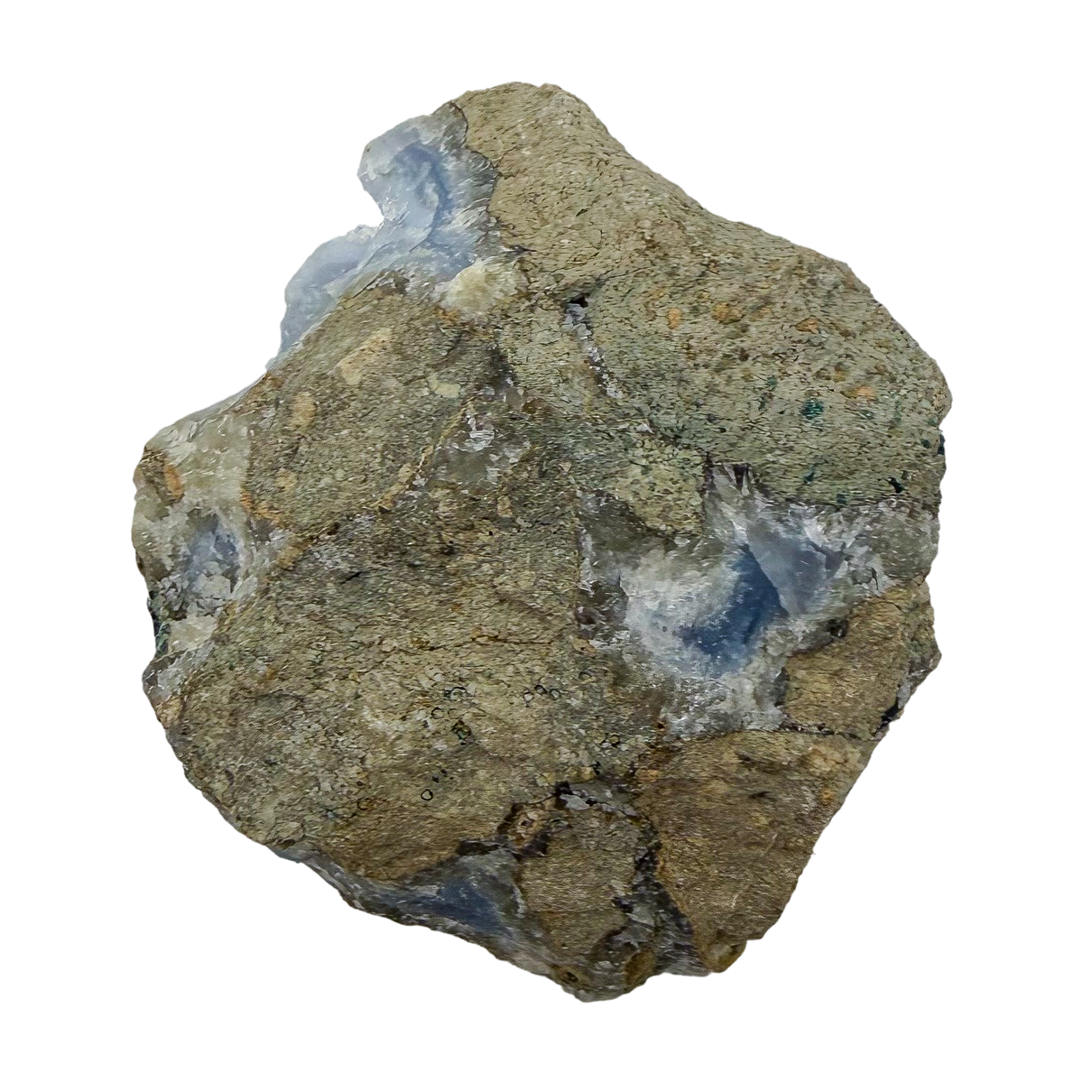 Blue lace agate raw geode, rear view of rough tan and gray host rock