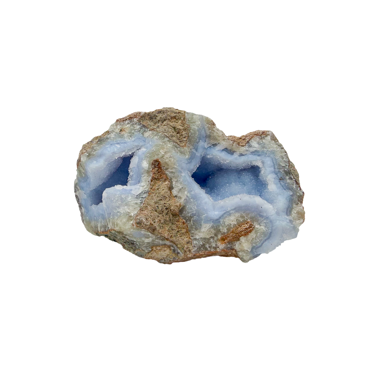 Blue lace agate raw geode from Malawi, AA grade, palm sized 3.87 inch piece with clear blue banding