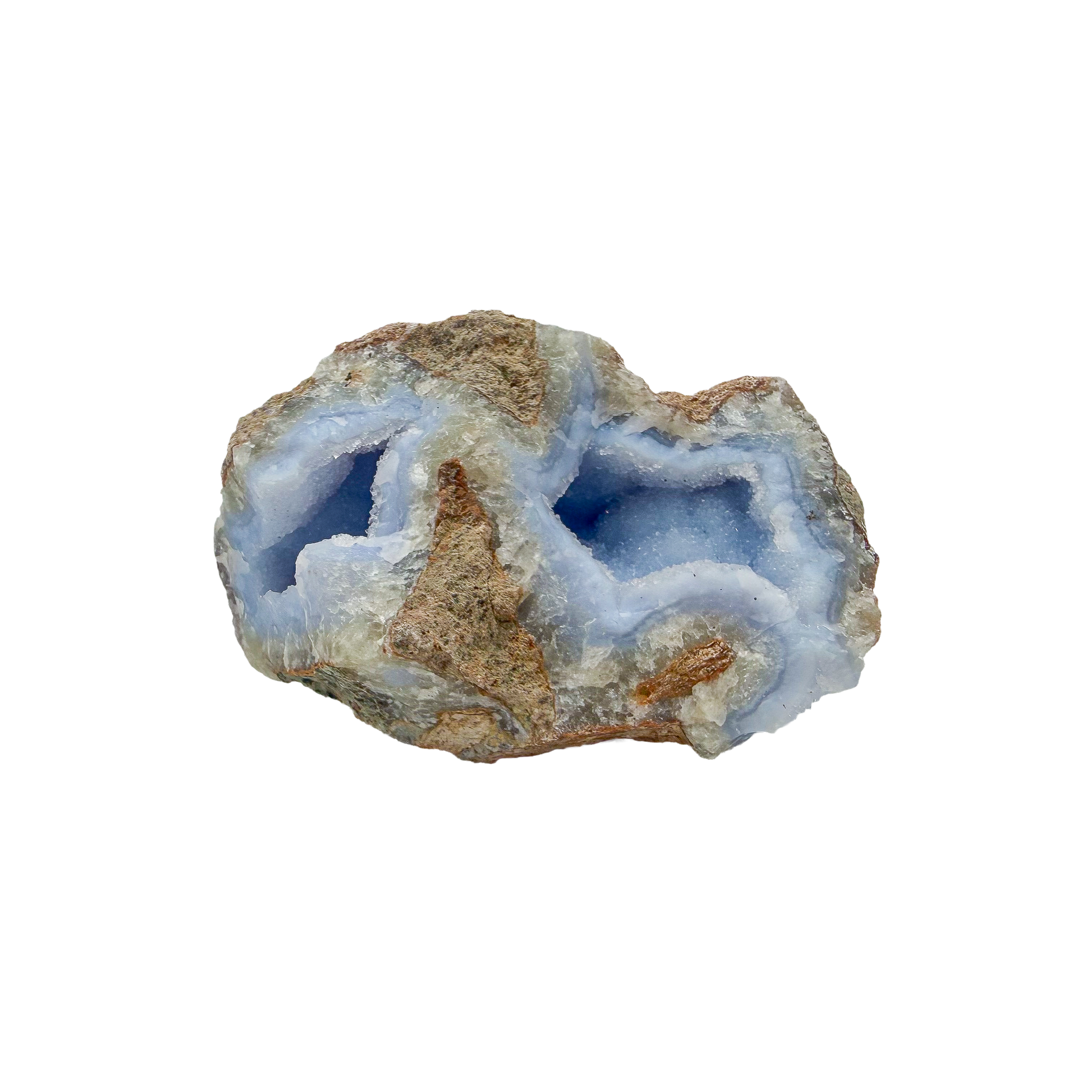 Blue lace agate raw geode from Malawi, AA grade, palm sized 3.87 inch piece with clear blue banding