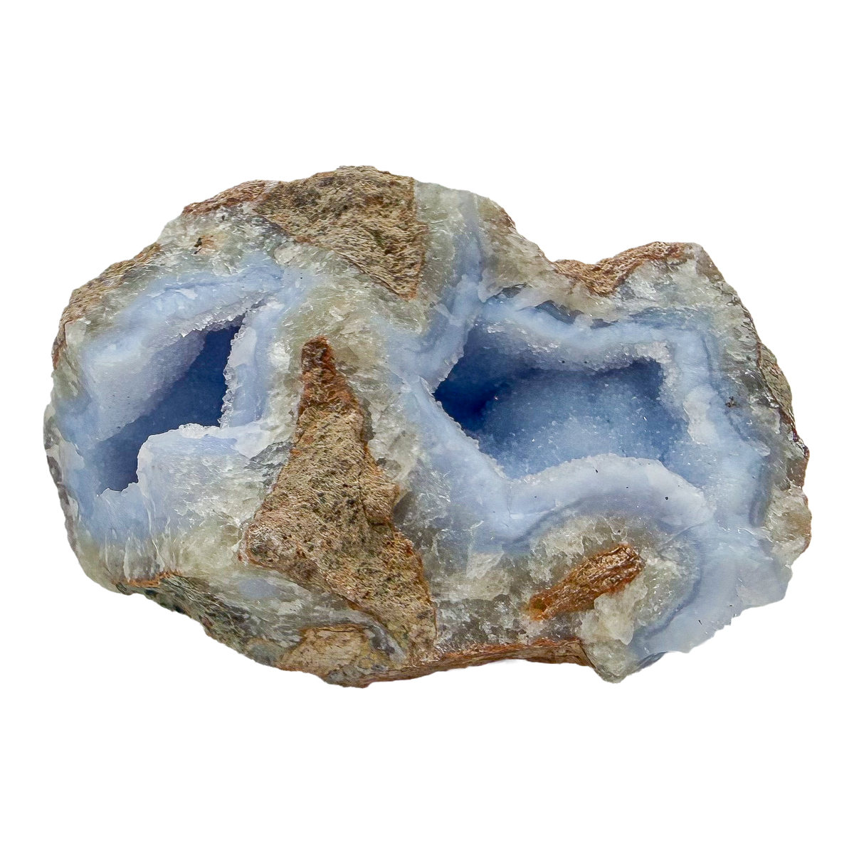 Blue lace agate raw geode from Malawi, AA grade, palm sized 3.87 inch piece with clear blue banding