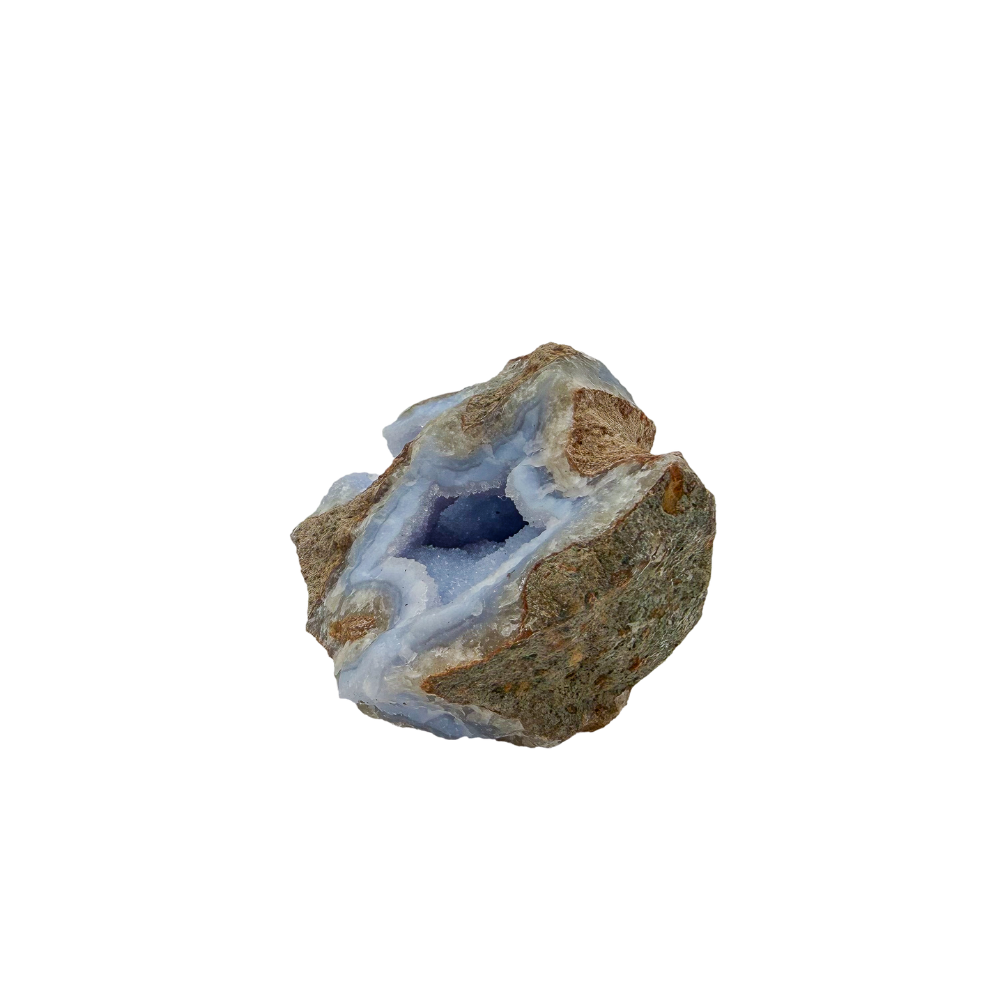 Blue lace agate raw geode from Malawi, uncut host rock framing the blue interior