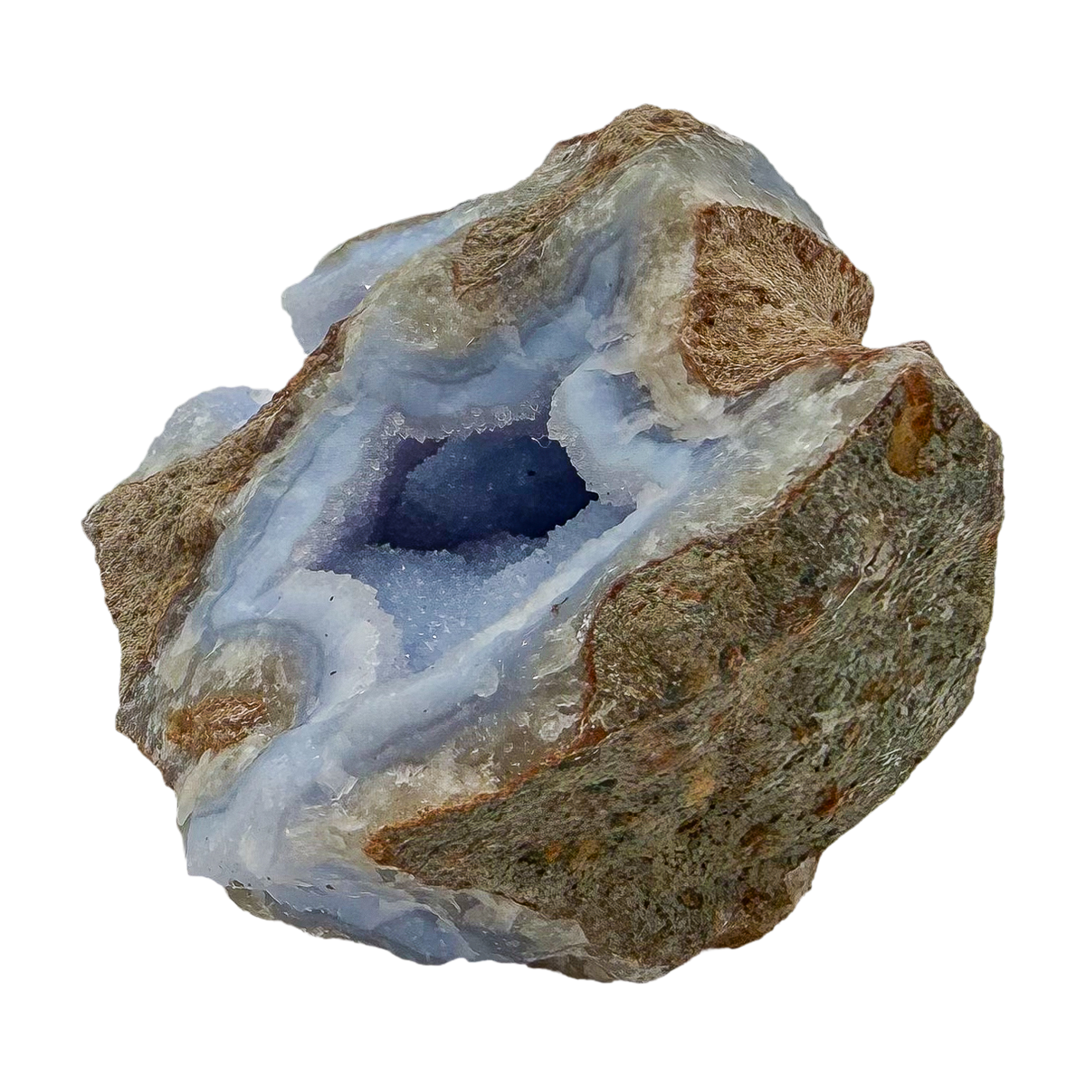 Blue lace agate raw geode from Malawi, uncut host rock framing the blue interior