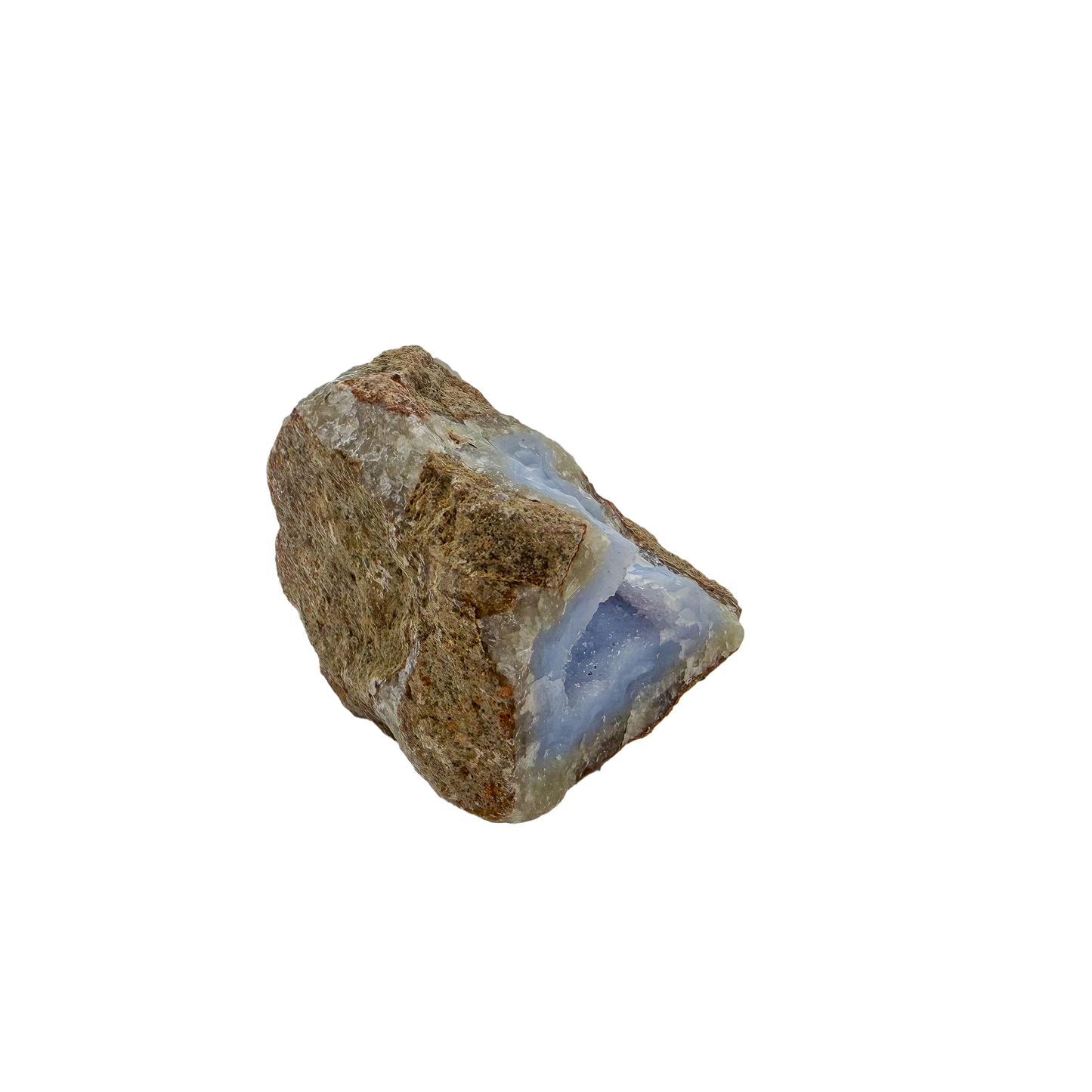 Blue lace agate raw geode, detail of pale blue lacy banding