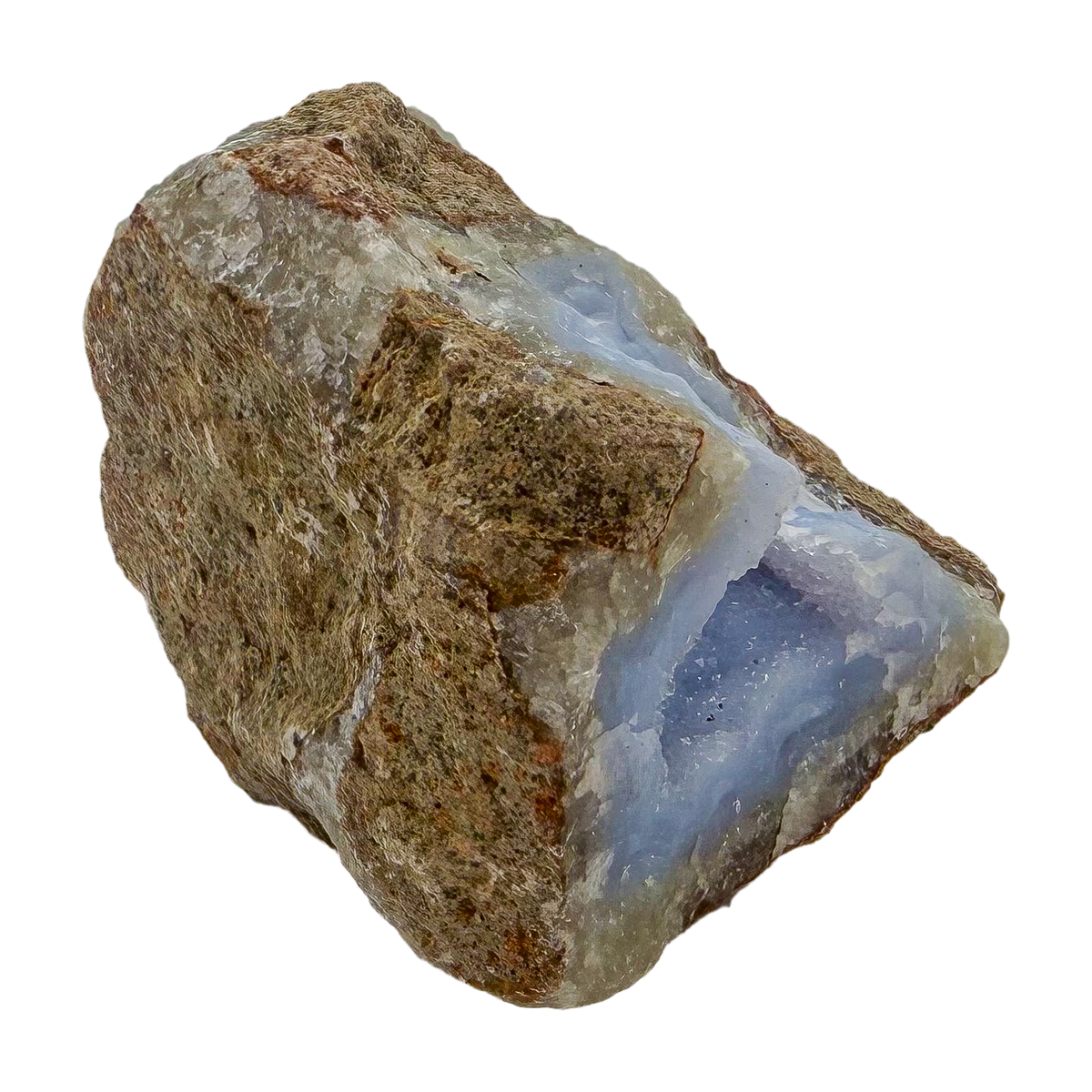 Blue lace agate raw geode, detail of pale blue lacy banding
