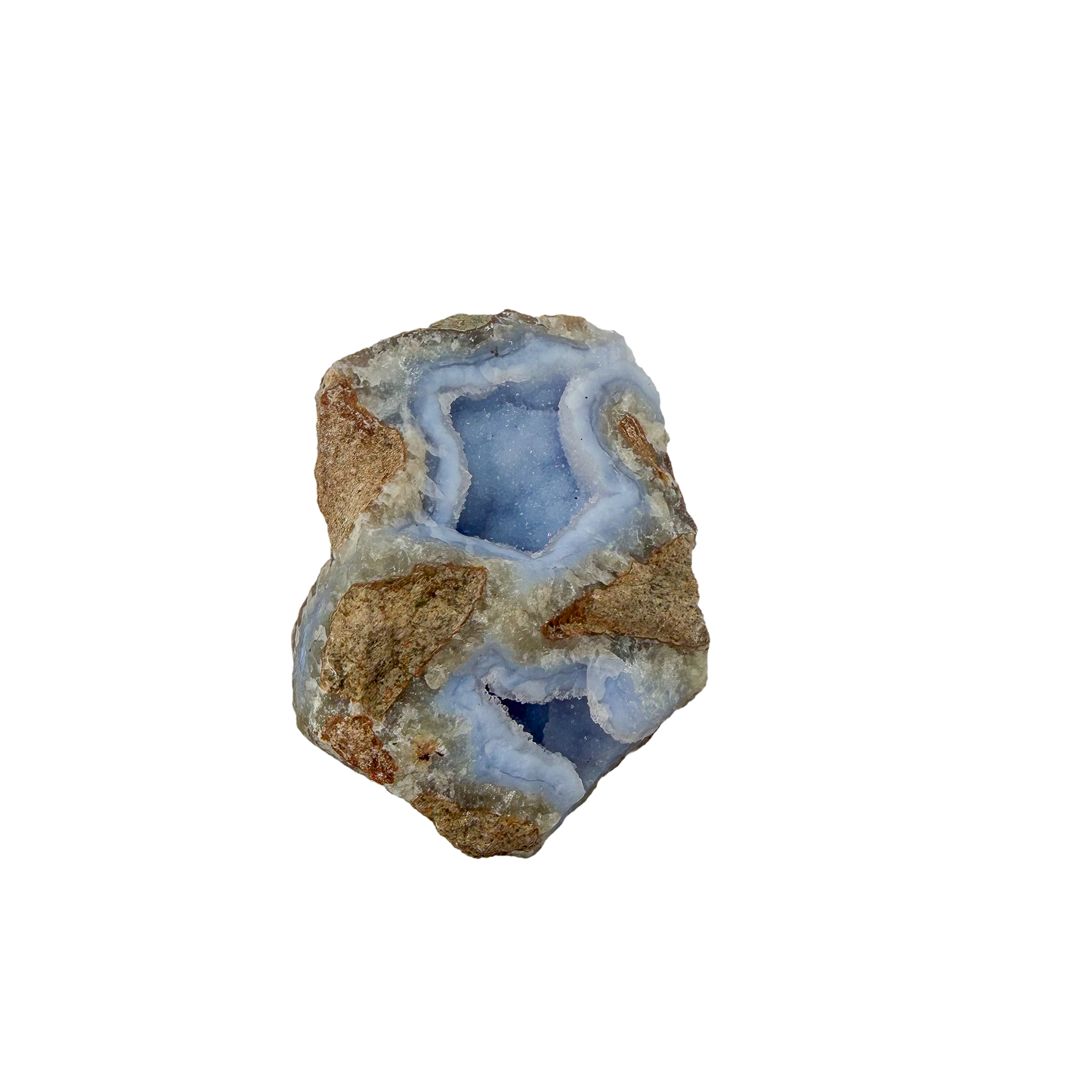 Blue lace agate raw geode, upright view of the open blue cavity