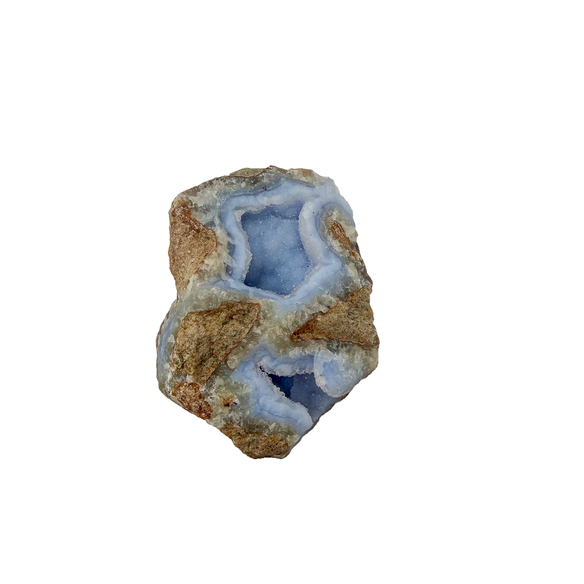 Blue lace agate raw geode, upright view of the open blue cavity