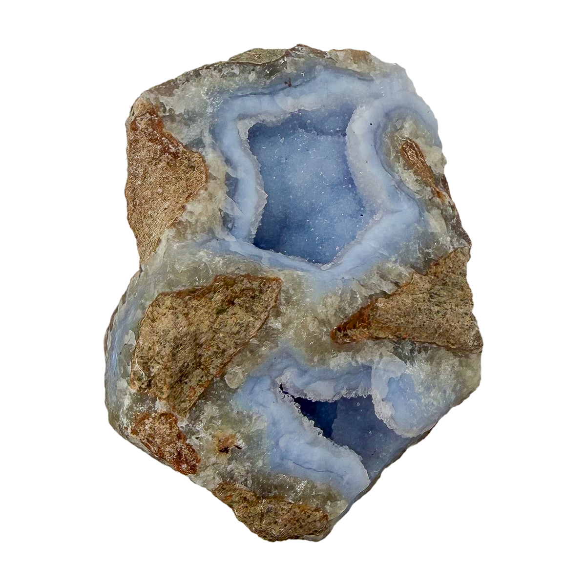 Blue lace agate raw geode, upright view of the open blue cavity