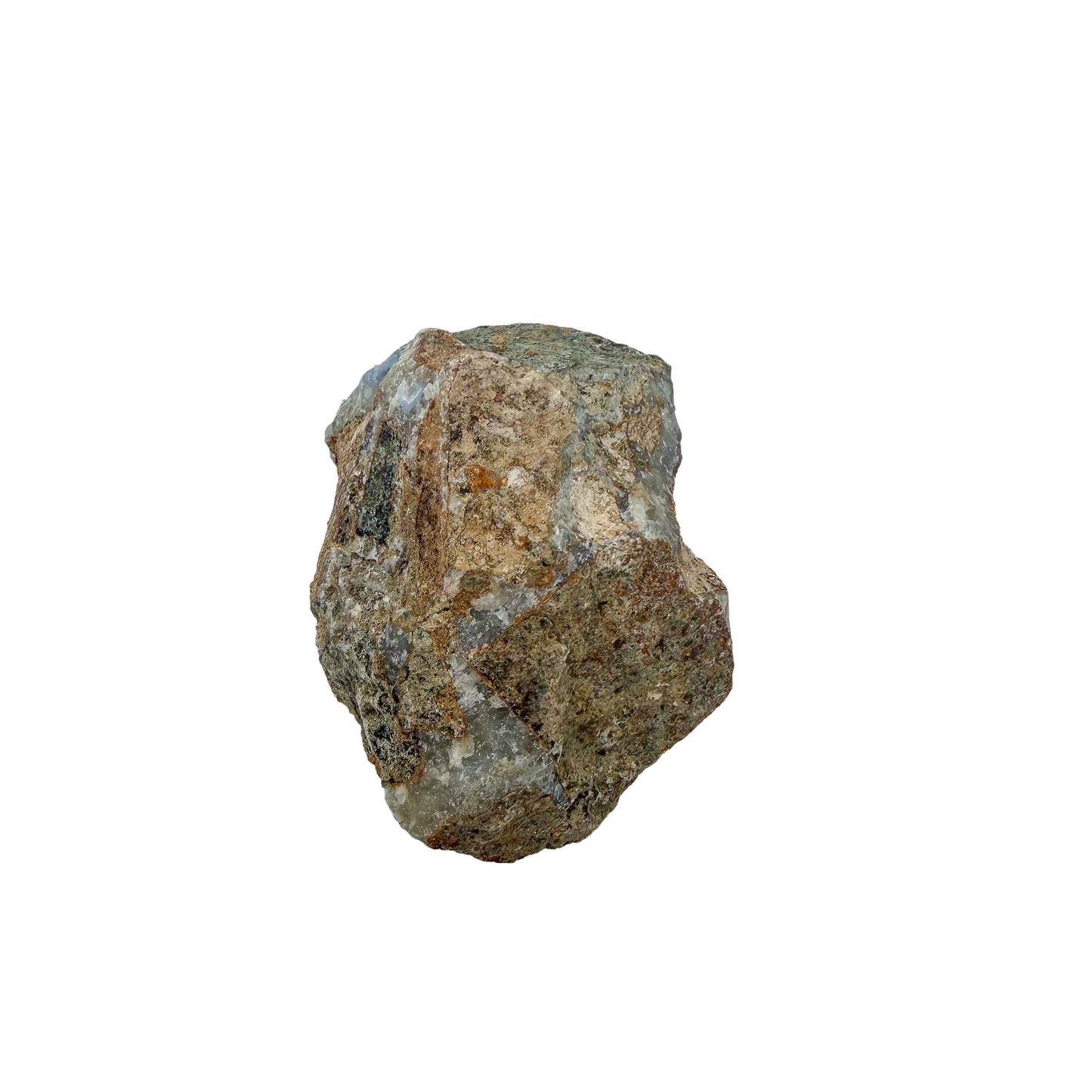 Blue lace agate raw geode, rear view of rough tan and grey host rock