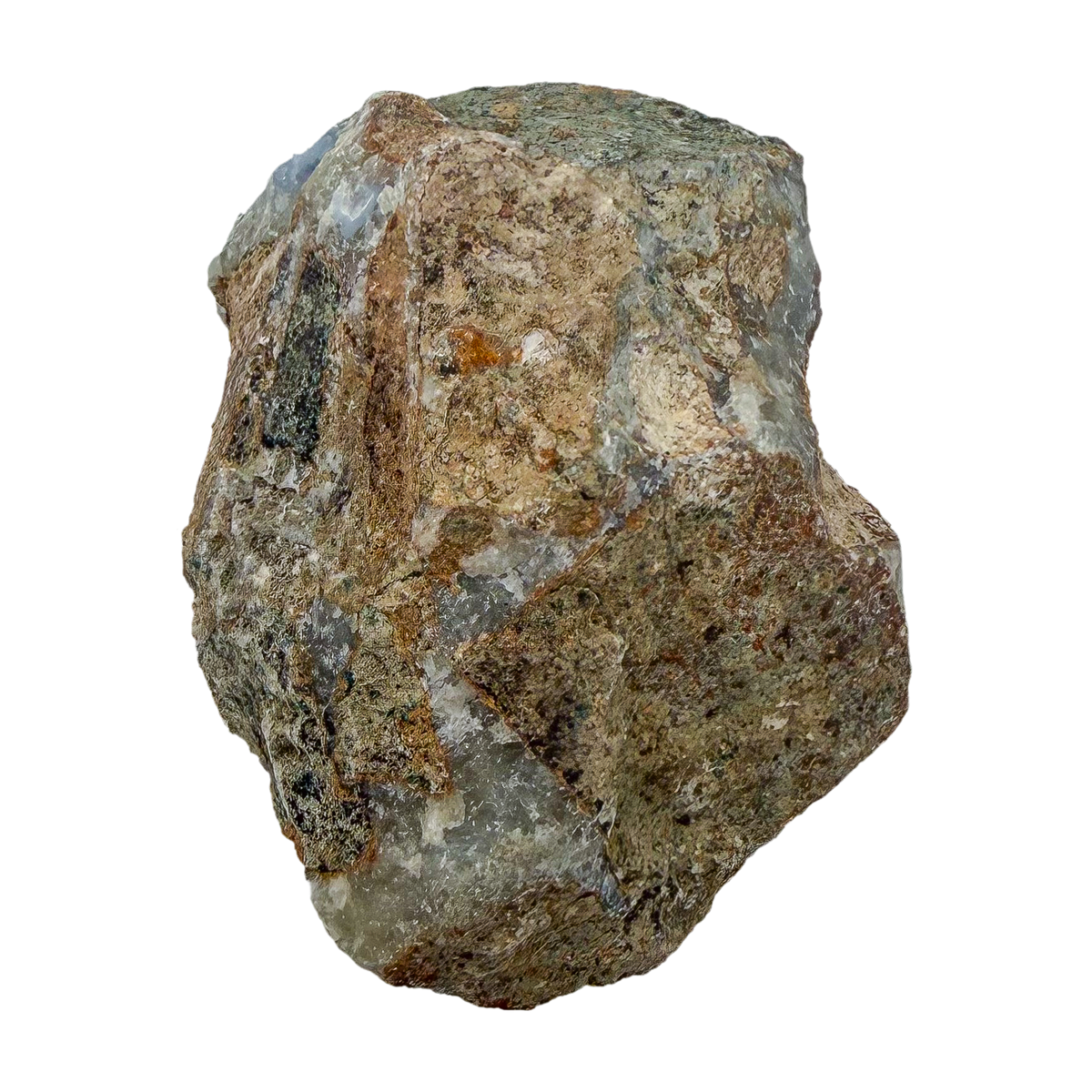 Blue lace agate raw geode, rear view of rough tan and gray host rock