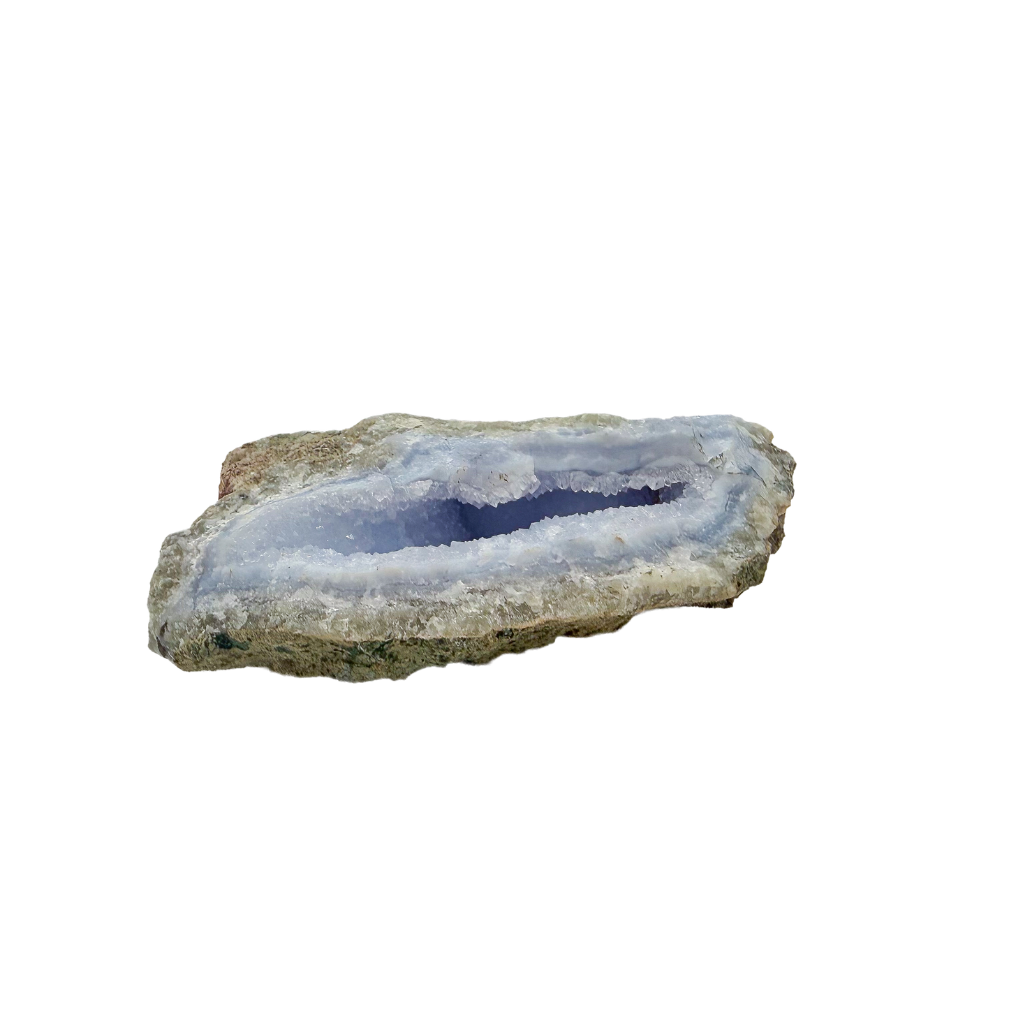 Blue lace agate raw geode from Malawi, AA grade, flat 4.79 inch plate showing lacy blue layers