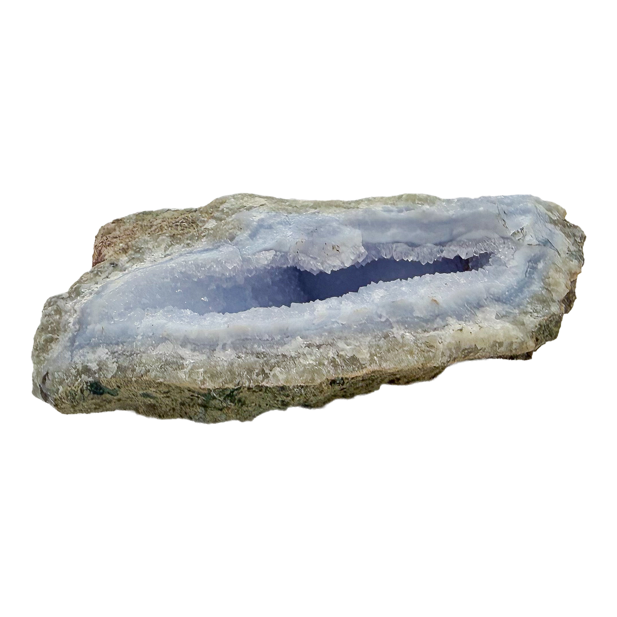 Blue lace agate raw geode from Malawi, AA grade, flat 4.79 inch plate showing lacy blue layers