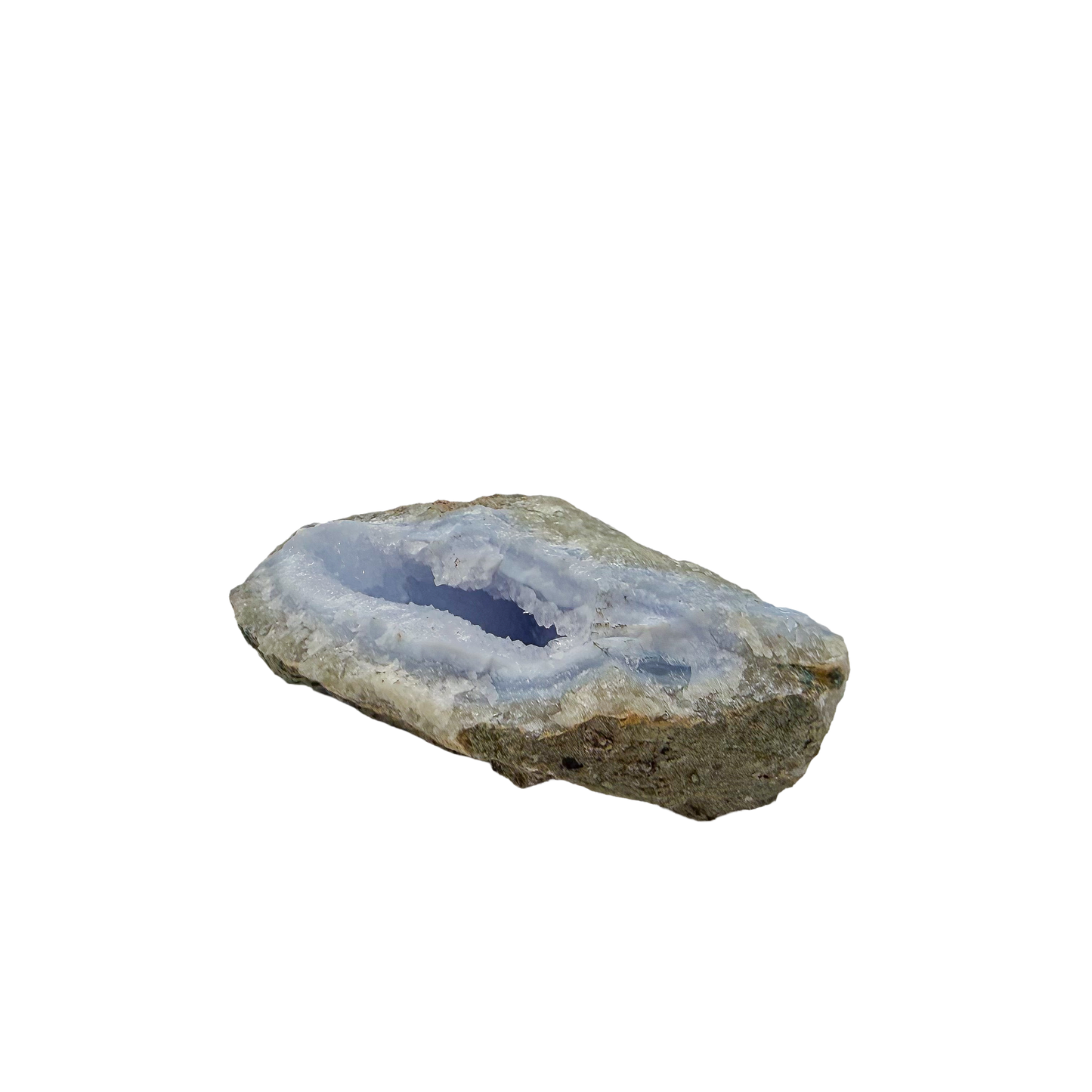 Blue lace agate raw geode from Malawi, banded blue layers across the flat face