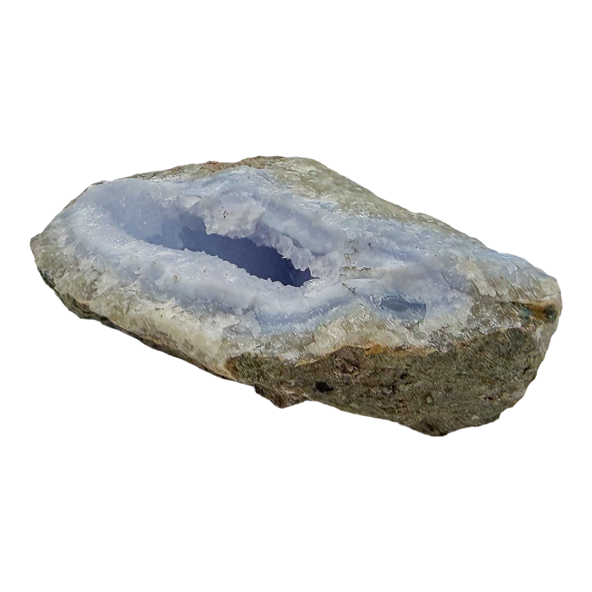 Blue lace agate raw geode from Malawi, banded blue layers across the flat face