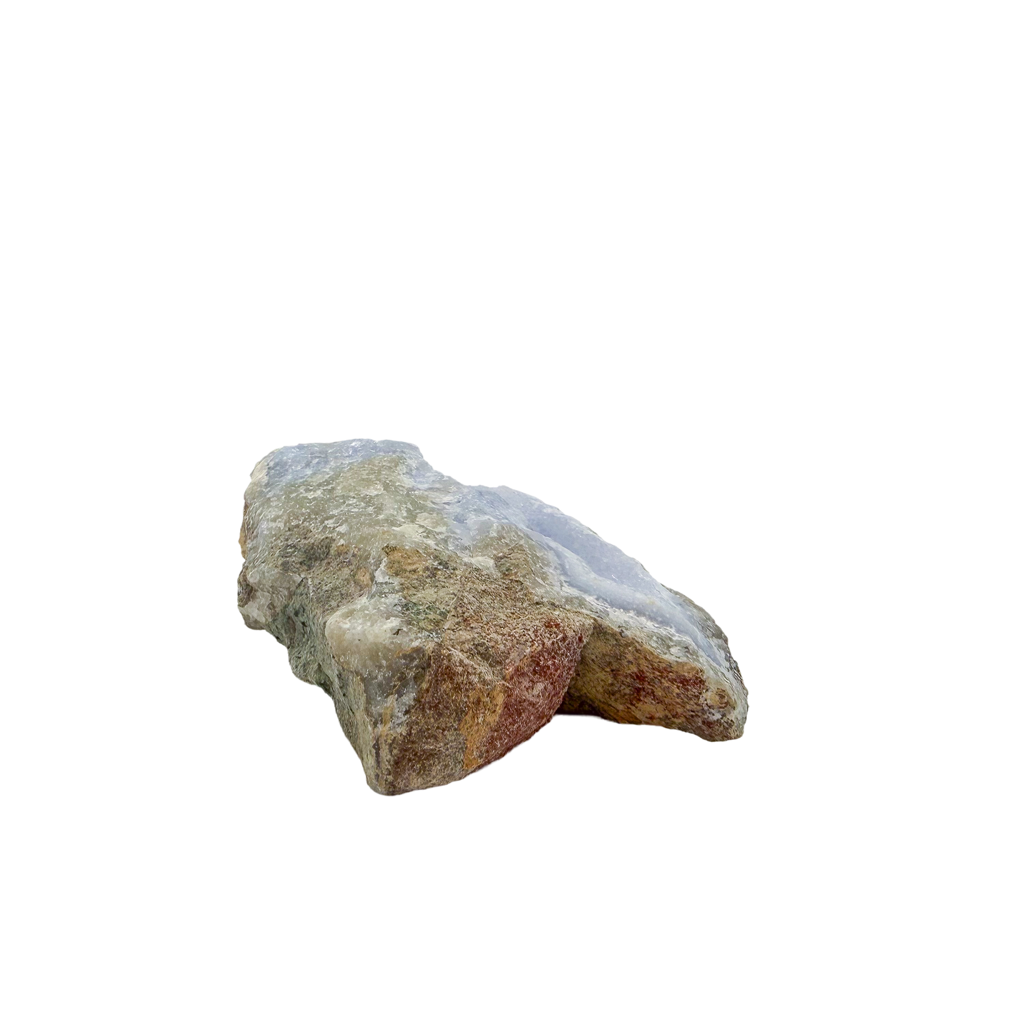 Blue lace agate raw geode, rear view of rough tan and grey host rock