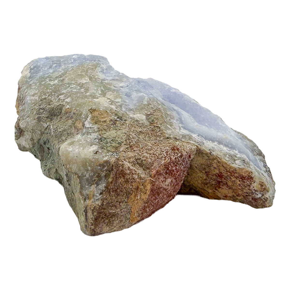 Blue lace agate raw geode, rear view of rough tan and gray host rock