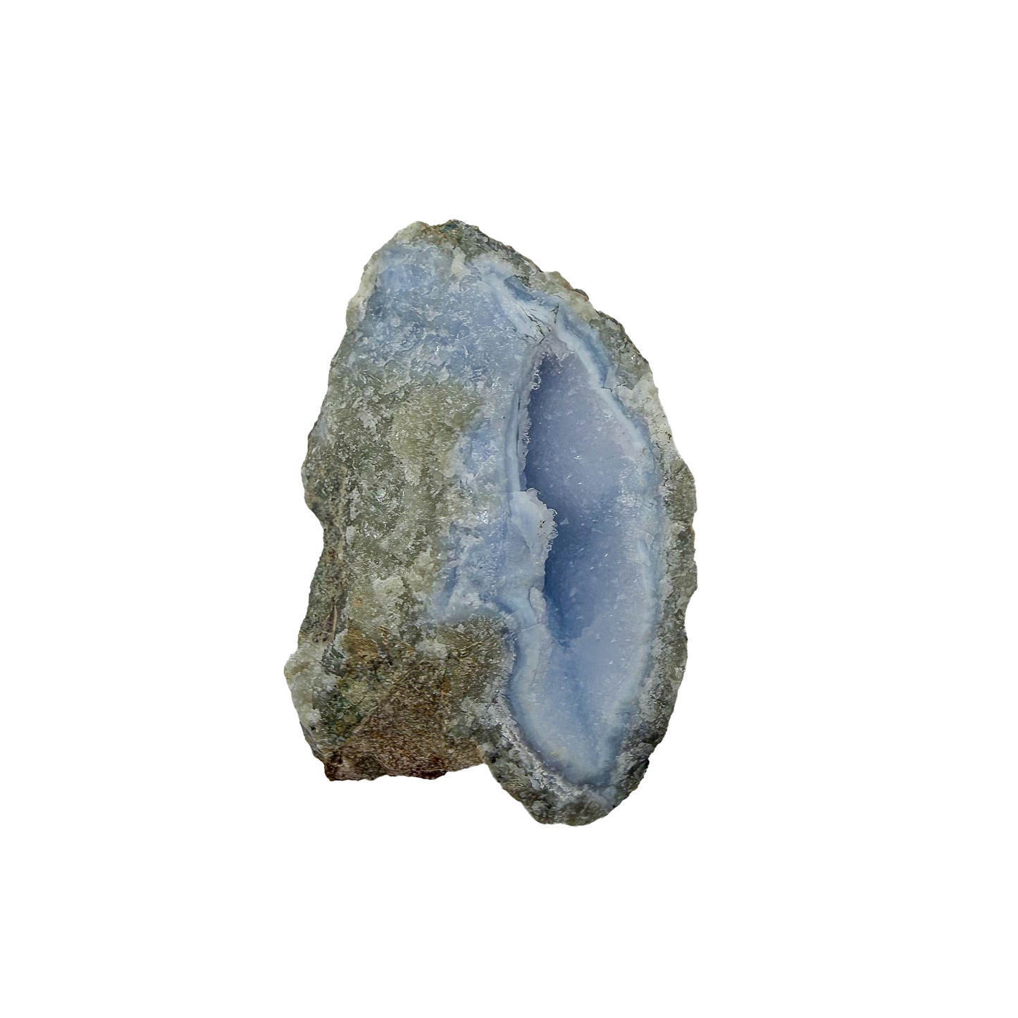 Blue lace agate raw geode, upright view with the fullest blue banding showing