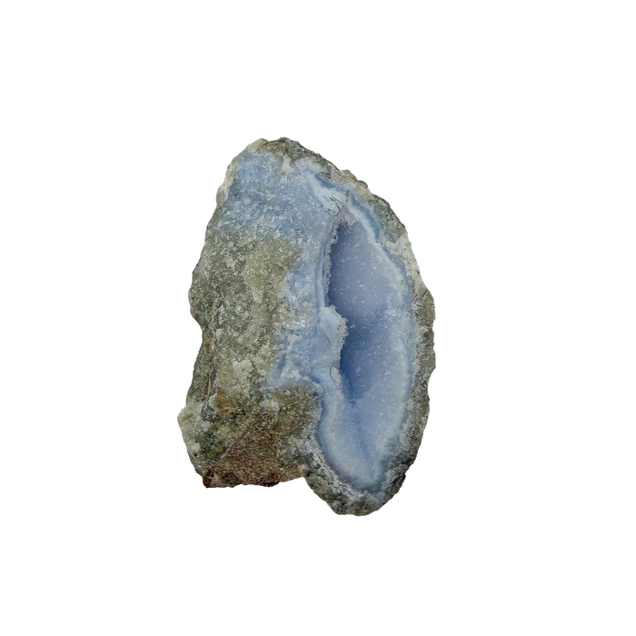 Blue lace agate raw geode, upright view with the fullest blue banding showing