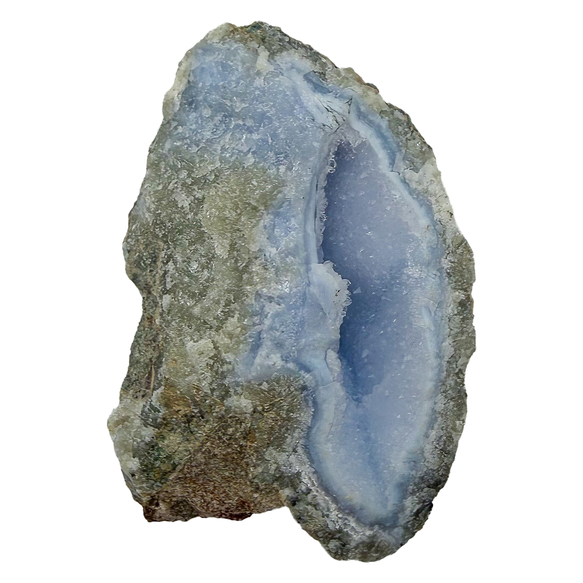 Blue lace agate raw geode, upright view with the fullest blue banding showing