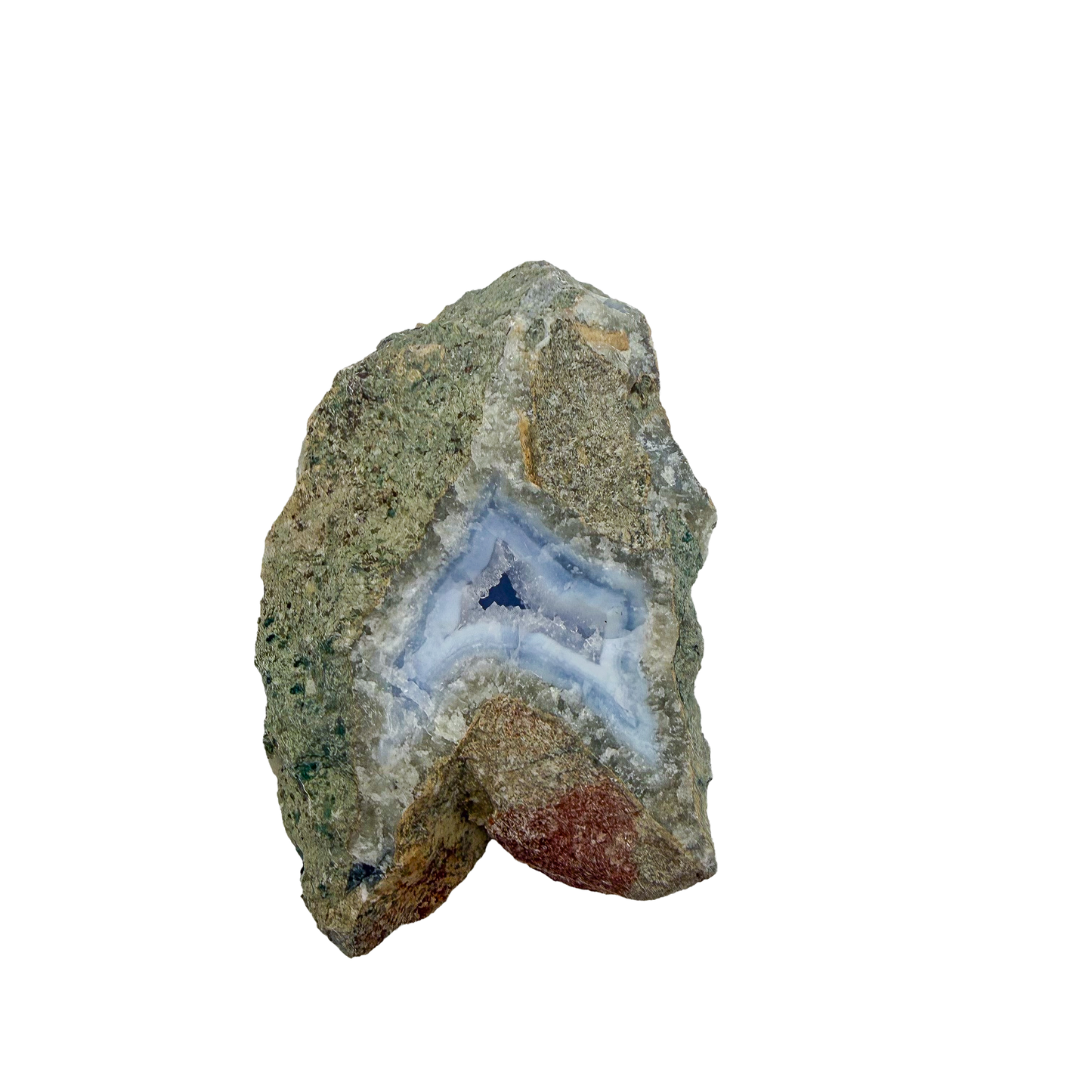 Blue lace agate raw geode, edge profile showing how thin the plate is