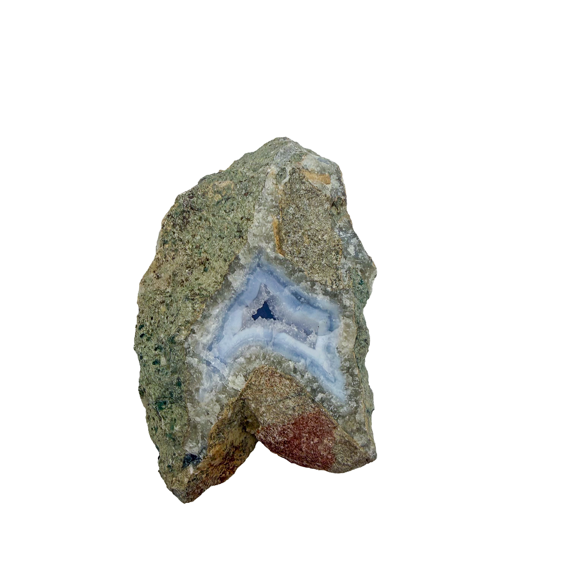 Blue lace agate raw geode, edge profile showing how thin the plate is