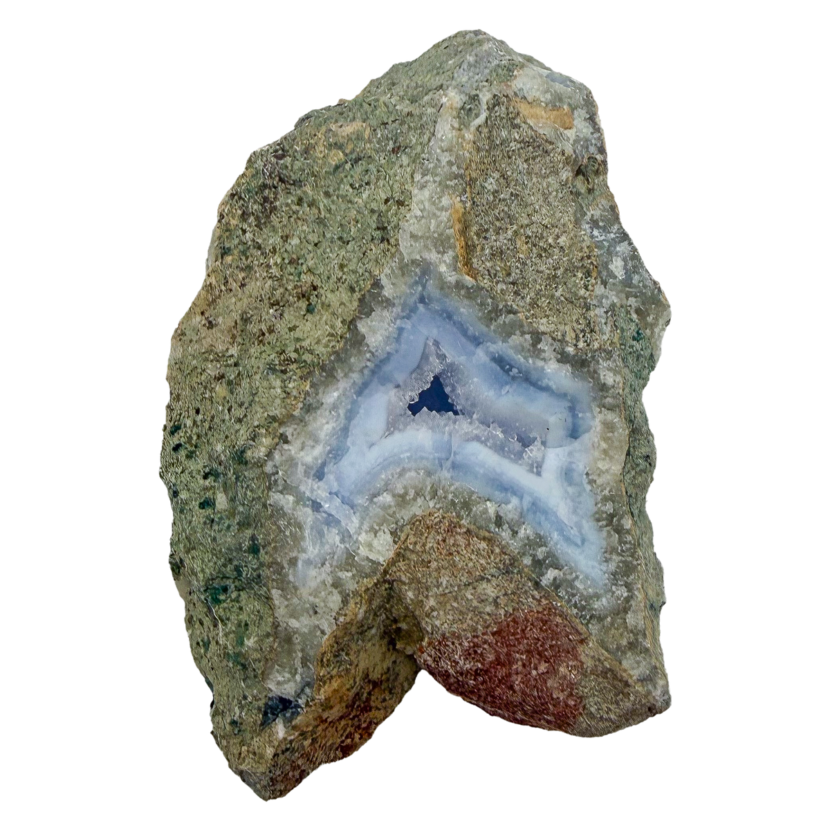 Blue lace agate raw geode, edge profile showing how thin the plate is