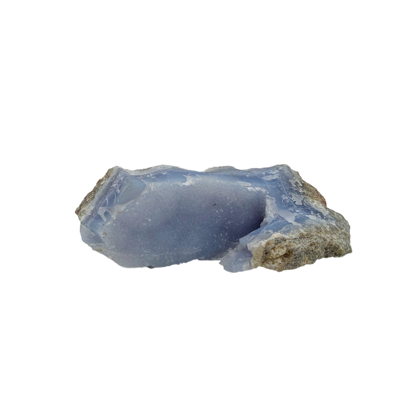 Blue lace agate raw geode from Malawi, AA grade, 4.95 inch piece with a frosted blue seam of druzy