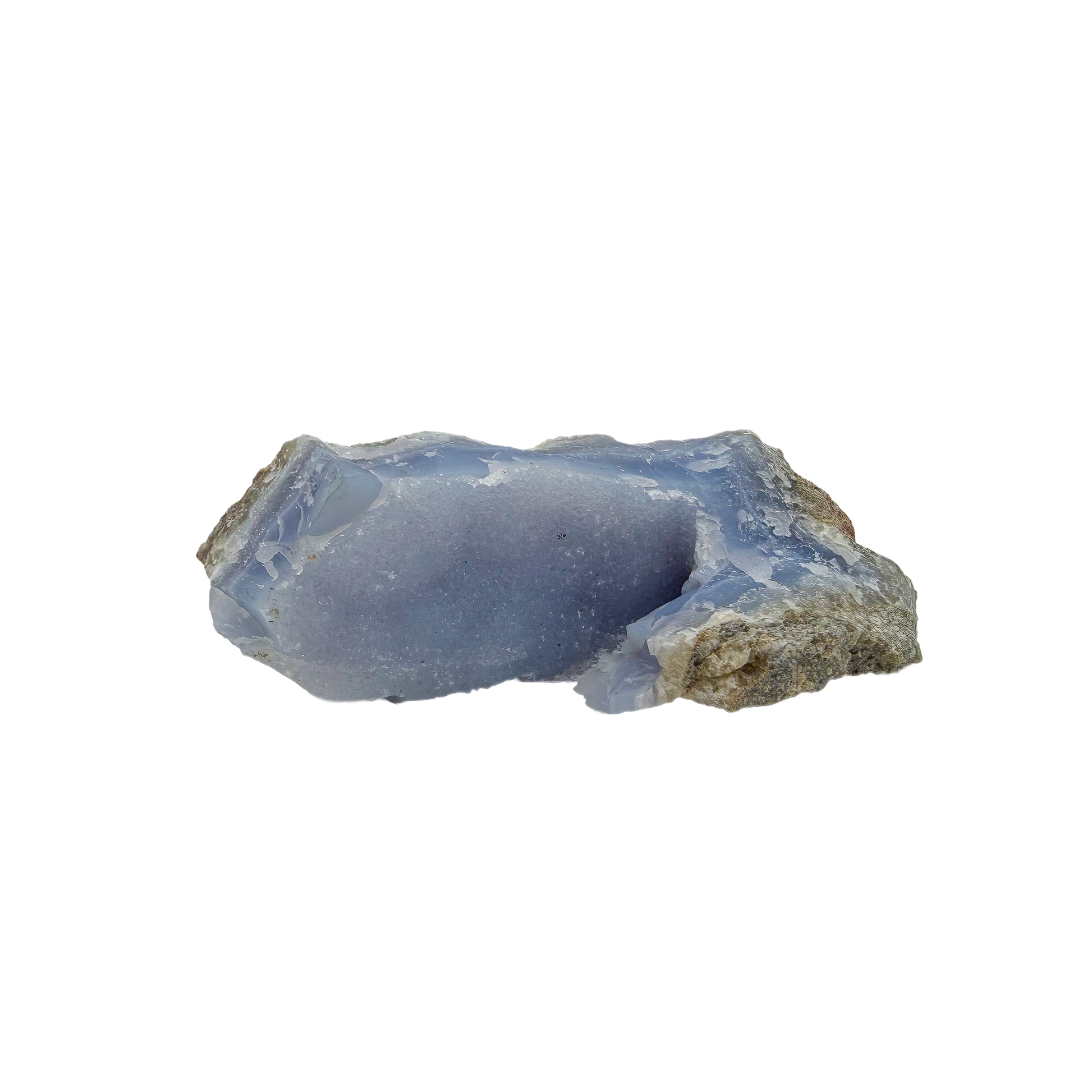 Blue lace agate raw geode from Malawi, AA grade, 4.95 inch piece with a frosted blue seam of druzy