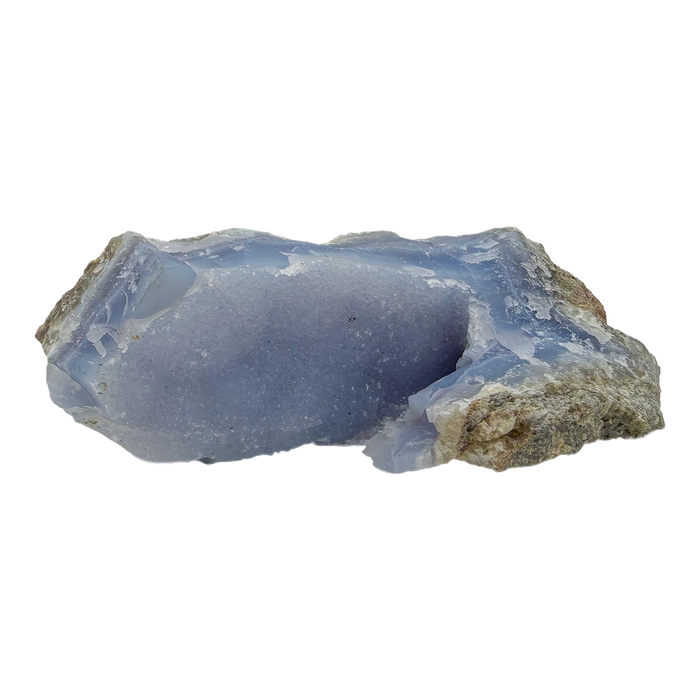 Blue lace agate raw geode from Malawi, AA grade, 4.95 inch piece with a frosted blue seam of druzy